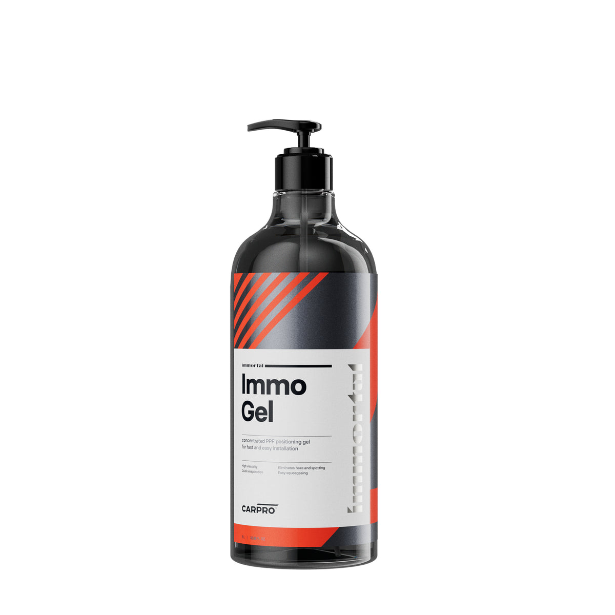 flacone di CARPRO ImmoGel, un gel posizionante concentrato per pellicole protettive. Il flacone è nero con un'etichetta bianca, grigia e arancione, e il nome del prodotto "ImmoGel" è chiaramente visibile. Questo prodotto è formulato per facilitare l'installazione delle pellicole protettive sulle superfici dell'auto, garantendo un posizionamento preciso e senza bolle.