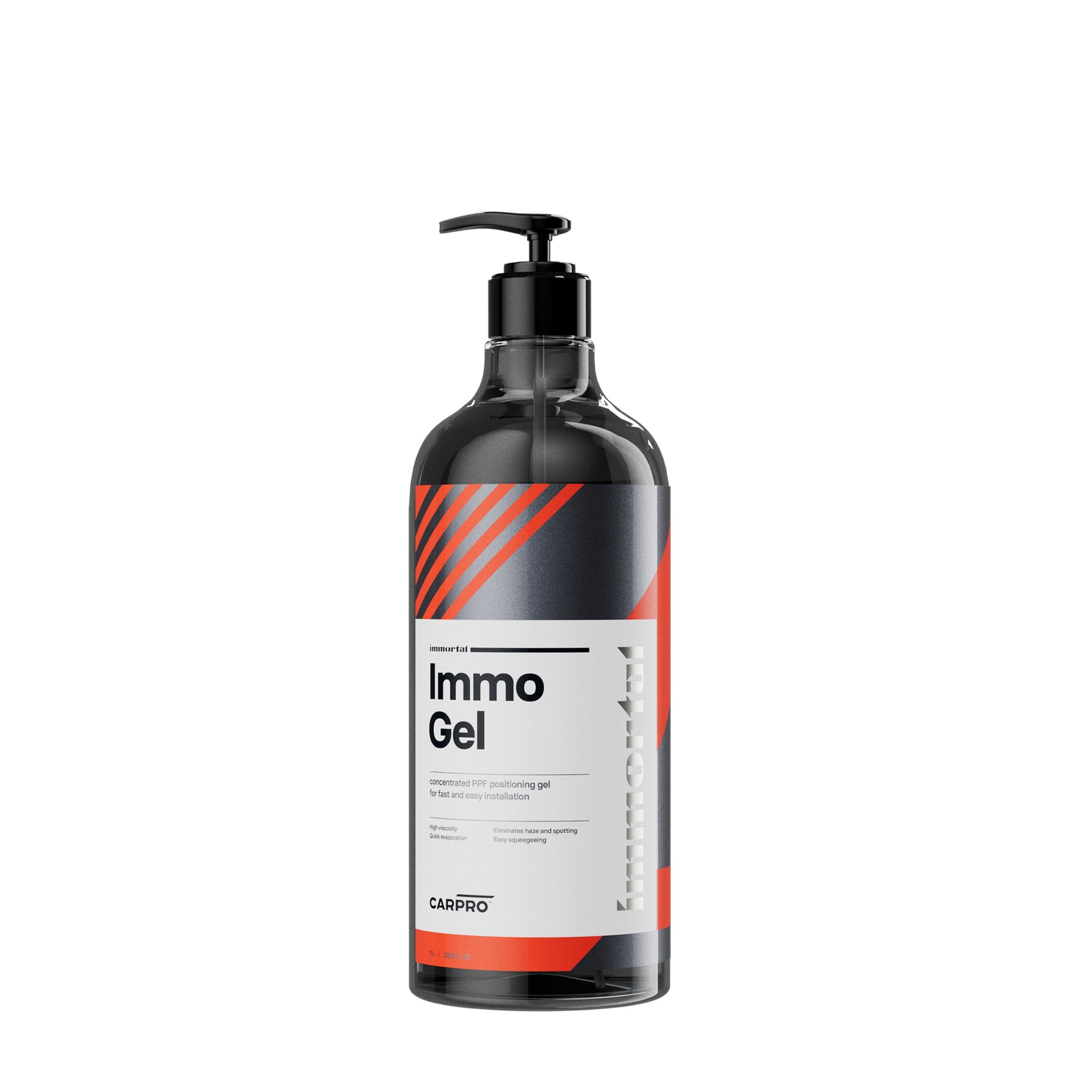 flacone di CARPRO ImmoGel, un gel posizionante concentrato per pellicole protettive. Il flacone è nero con un'etichetta bianca, grigia e arancione, e il nome del prodotto "ImmoGel" è chiaramente visibile. Questo prodotto è formulato per facilitare l'installazione delle pellicole protettive sulle superfici dell'auto, garantendo un posizionamento preciso e senza bolle.