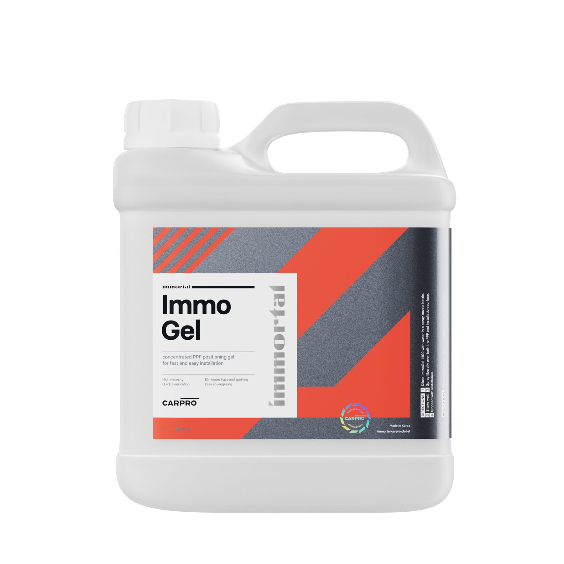 mostra un contenitore da 4 litri di CARPRO ImmoGel, un gel posizionante concentrato per pellicole protettive. Il contenitore è bianco con un'etichetta grigia e arancione, riportante il nome del prodotto "ImmoGel". Questo gel è formulato per facilitare l'installazione delle pellicole protettive sulle superfici dell'auto, garantendo un posizionamento preciso e senza bolle.