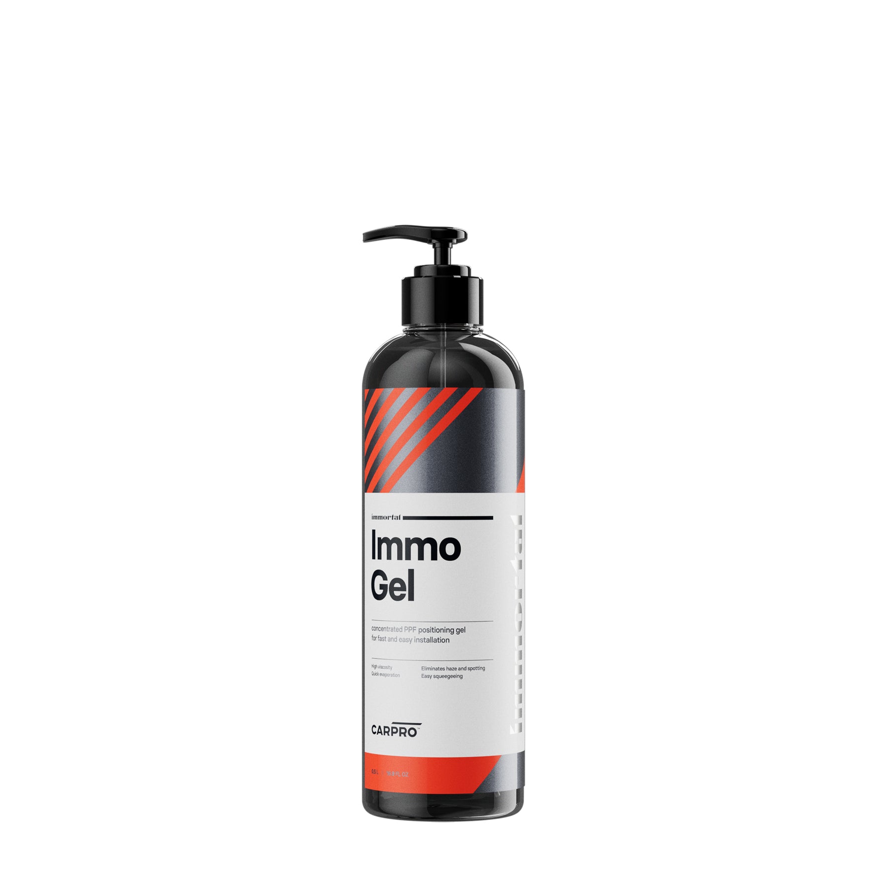 flacone di CARPRO ImmoGel, un gel posizionante concentrato per pellicole protettive. Il flacone è nero con un'etichetta bianca, grigia e arancione, e il nome del prodotto "ImmoGel" è chiaramente visibile. Questo prodotto è formulato per facilitare l'installazione delle pellicole protettive sulle superfici dell'auto, garantendo un posizionamento preciso e senza bolle.