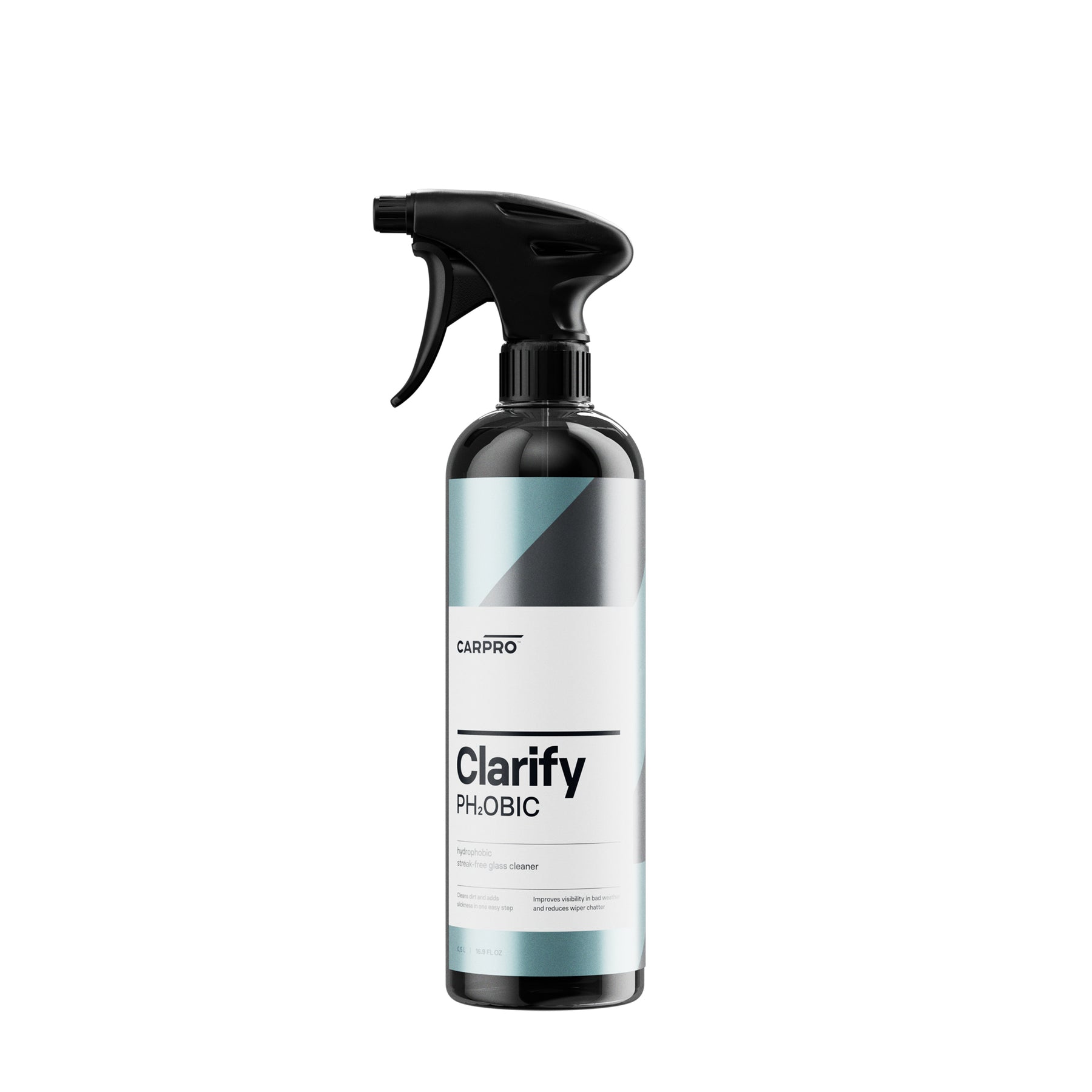 Flacone di detergente per vetri CARPRO Clarify PH2OBIC con spruzzatore nero.