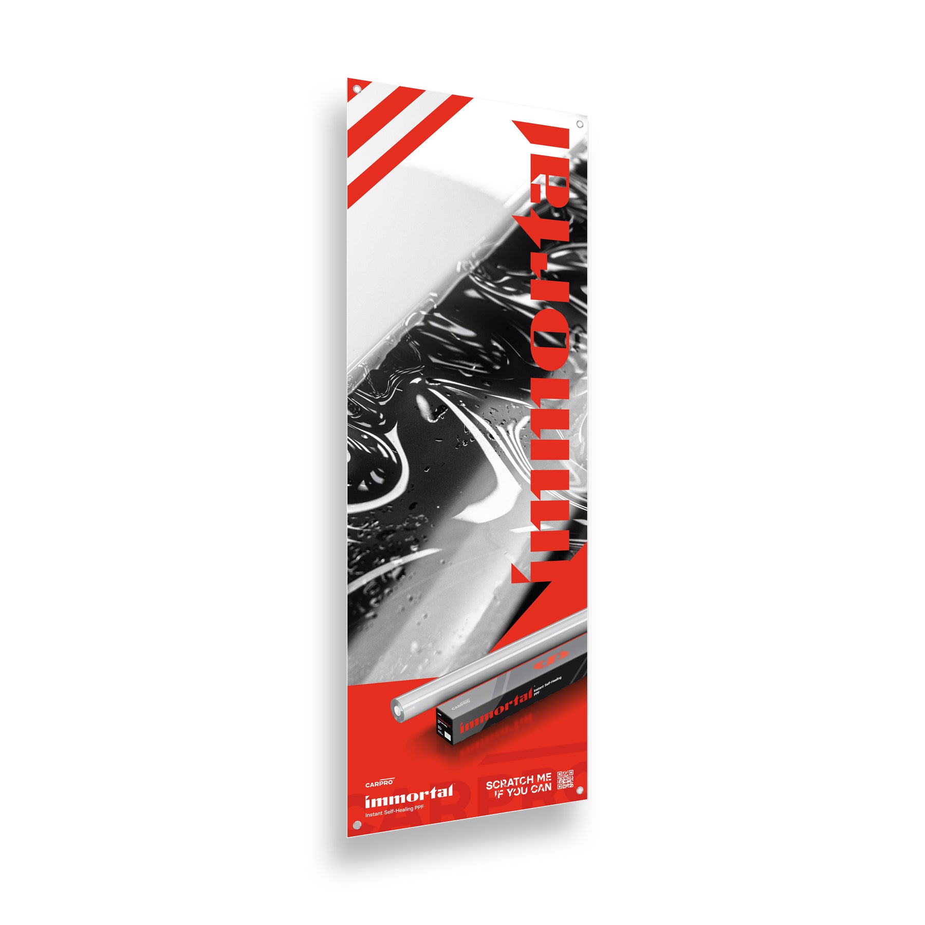 Il banner presenta un design verticale con il nome "Immortal" in rosso lungo il lato destro, un'immagine dettagliata di una superficie lucida coperta da gocce d'acqua, e una barra nera nella parte inferiore che include il logo CARPRO e ulteriori dettagli del prodotto. Questo banner è ideale per decorare e personalizzare il proprio spazio di lavoro con uno stile professionale e accattivante.