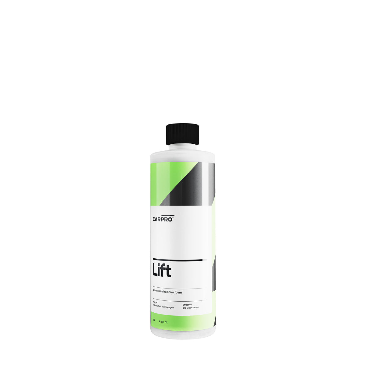Flacone di CARPRO Lift, uno shampoo schiumogeno ultra per prelavaggio, con etichetta bianca, verde e grigia, progettato per rimuovere sporco e contaminanti prima del lavaggio principale dell'auto.Bottiglia di CARPRO Lift Prelavaggio Schiumogeno, detergente ad alta potenza per rimuovere sporco e contaminanti dalla carrozzeria dell'auto.