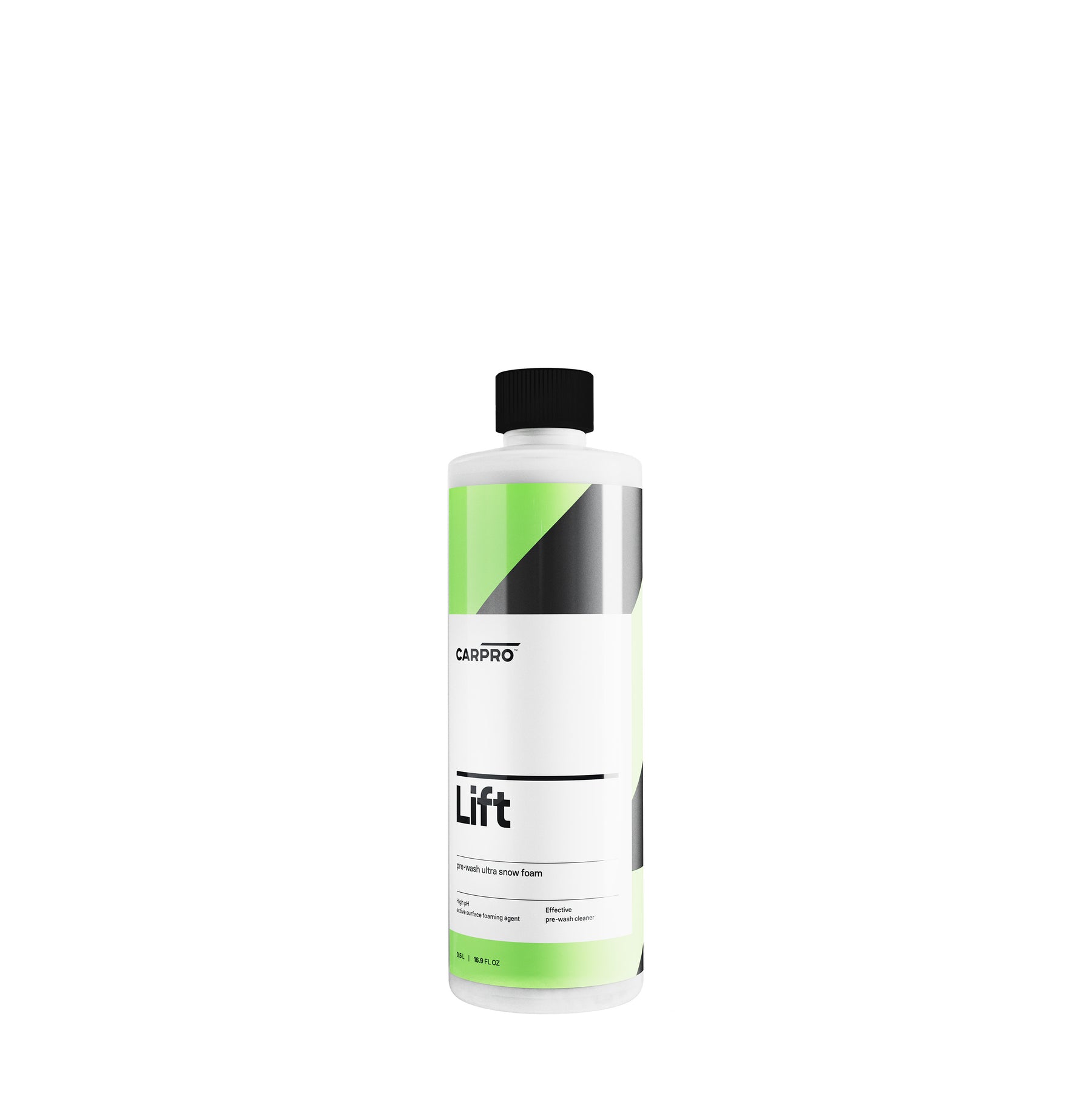 Flacone di CARPRO Lift, uno shampoo schiumogeno ultra per prelavaggio, con etichetta bianca, verde e grigia, progettato per rimuovere sporco e contaminanti prima del lavaggio principale dell'auto.Bottiglia di CARPRO Lift Prelavaggio Schiumogeno, detergente ad alta potenza per rimuovere sporco e contaminanti dalla carrozzeria dell'auto.