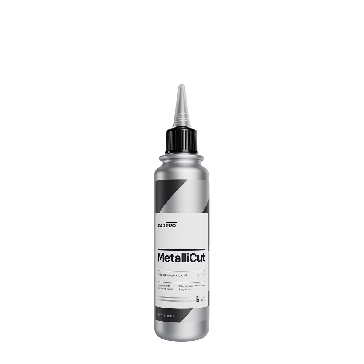 Bottiglia da 150ml di CARPRO Metallicut, polish per metalli, ideale per rimuovere ossidazione e graffi, restituendo brillantezza e protezione alle superfici metalliche.