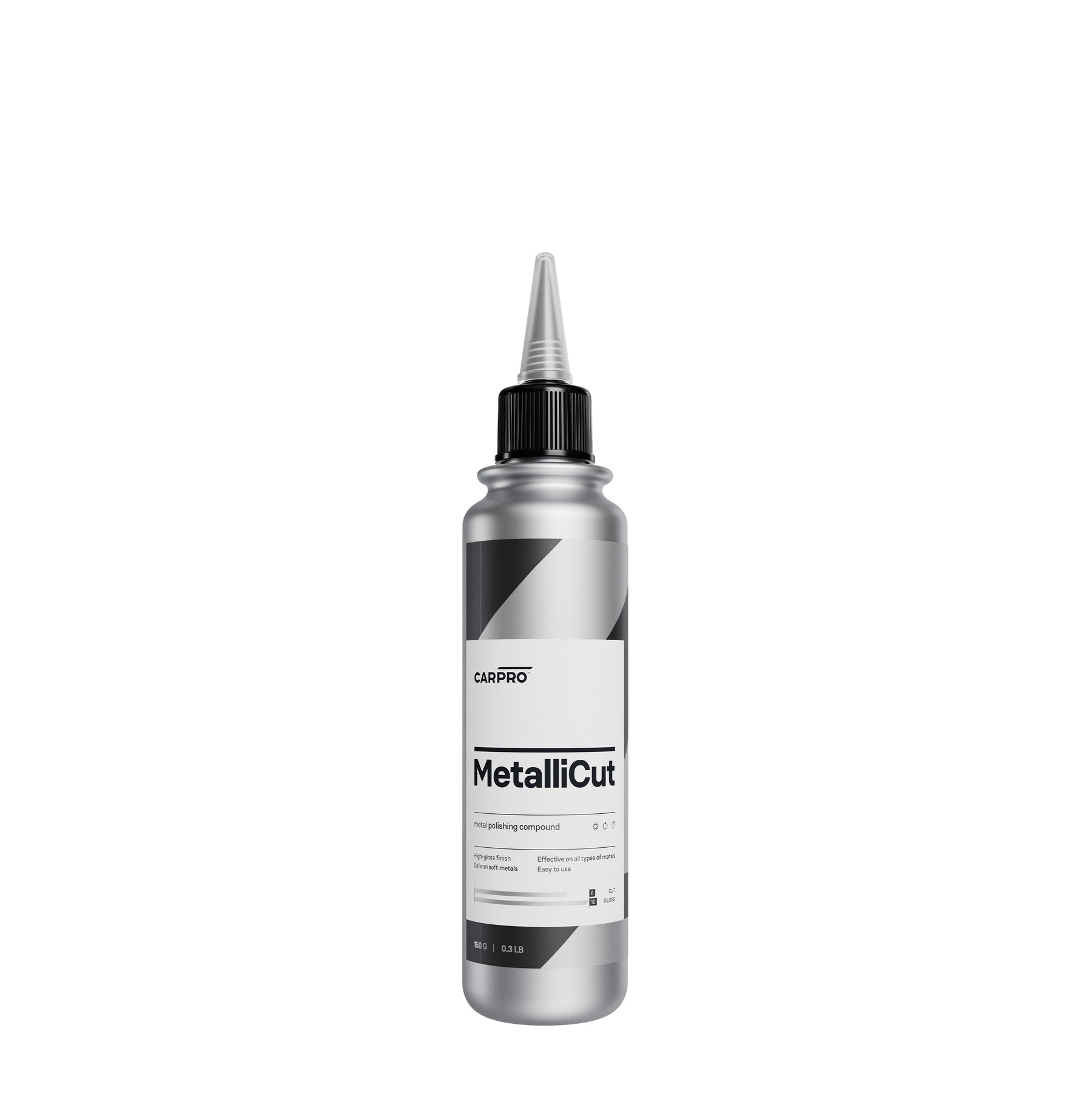 Bottiglia da 150ml di CARPRO Metallicut, polish per metalli, ideale per rimuovere ossidazione e graffi, restituendo brillantezza e protezione alle superfici metalliche.