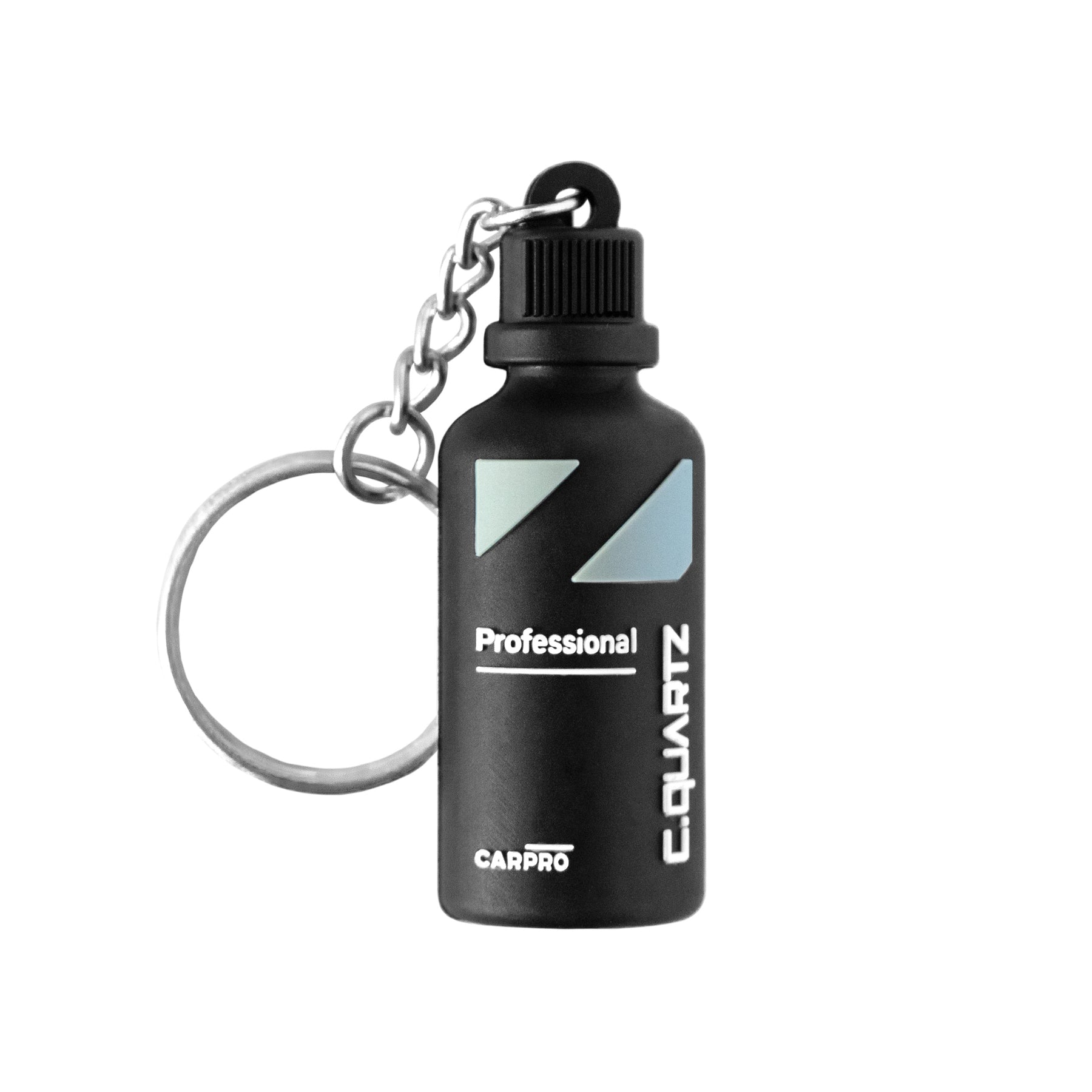 Portachiavi CARPRO C.QUARTZ Professional a forma di flacone nero con dettagli rossi, su sfondo bianco.