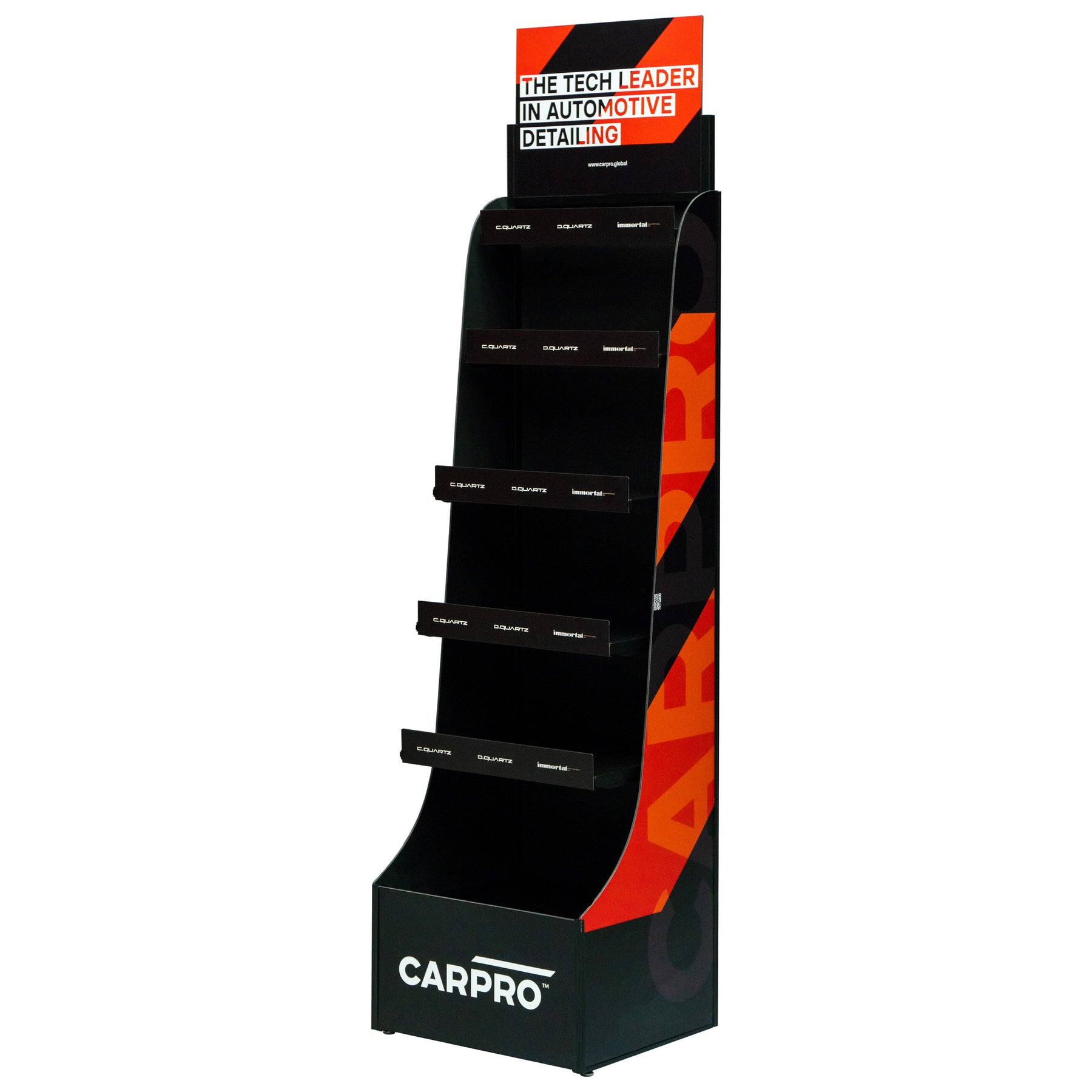 Espositore a pavimento CARPRO nero, ideale per organizzare e mostrare prodotti di detailing in modo professionale, su sfondo bianco.