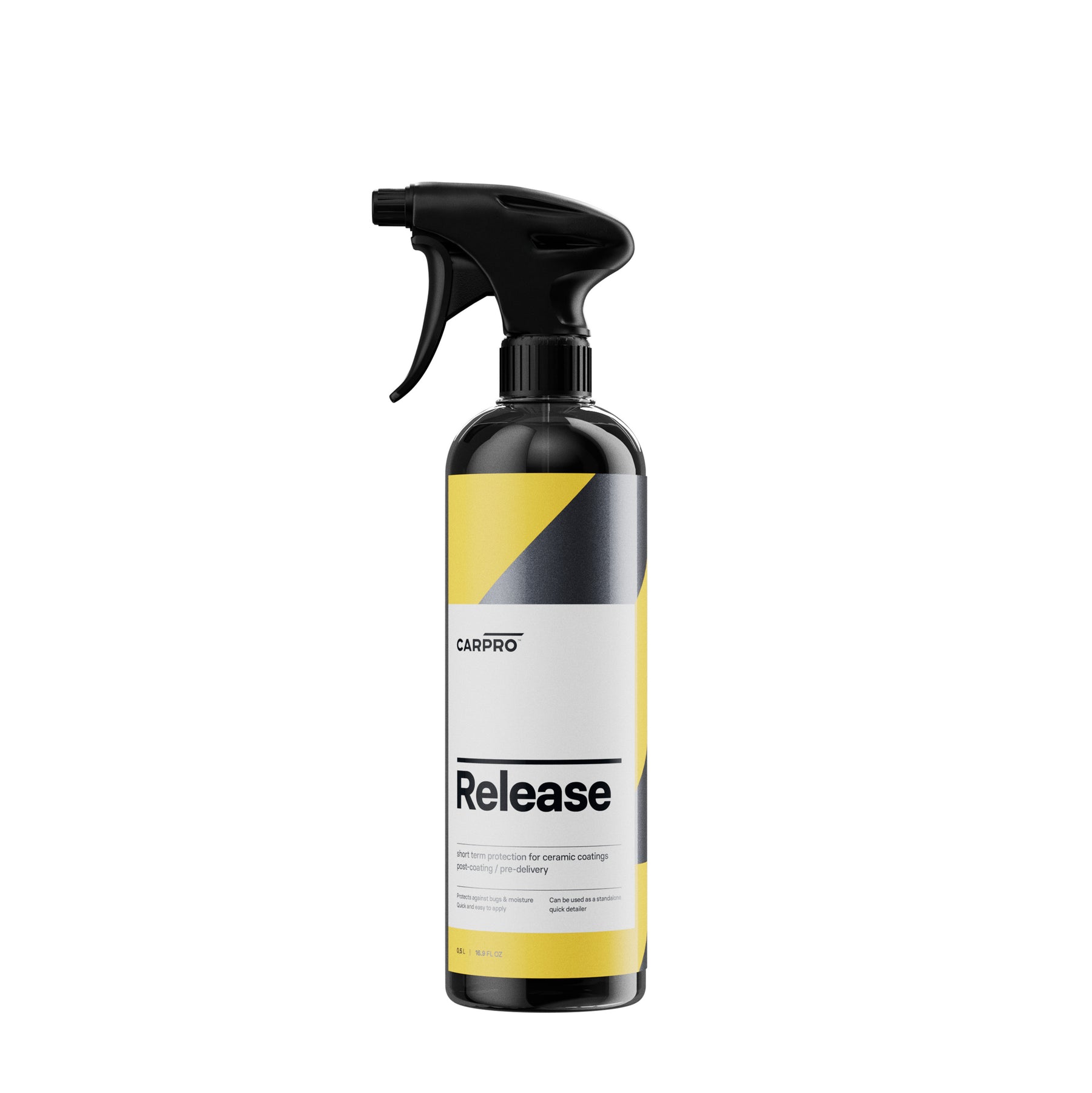 Flacone di CARPRO Release per protezione a lungo termine delle vernici ceramiche dell'auto, con etichetta bianca e gialla e spruzzatore nero.