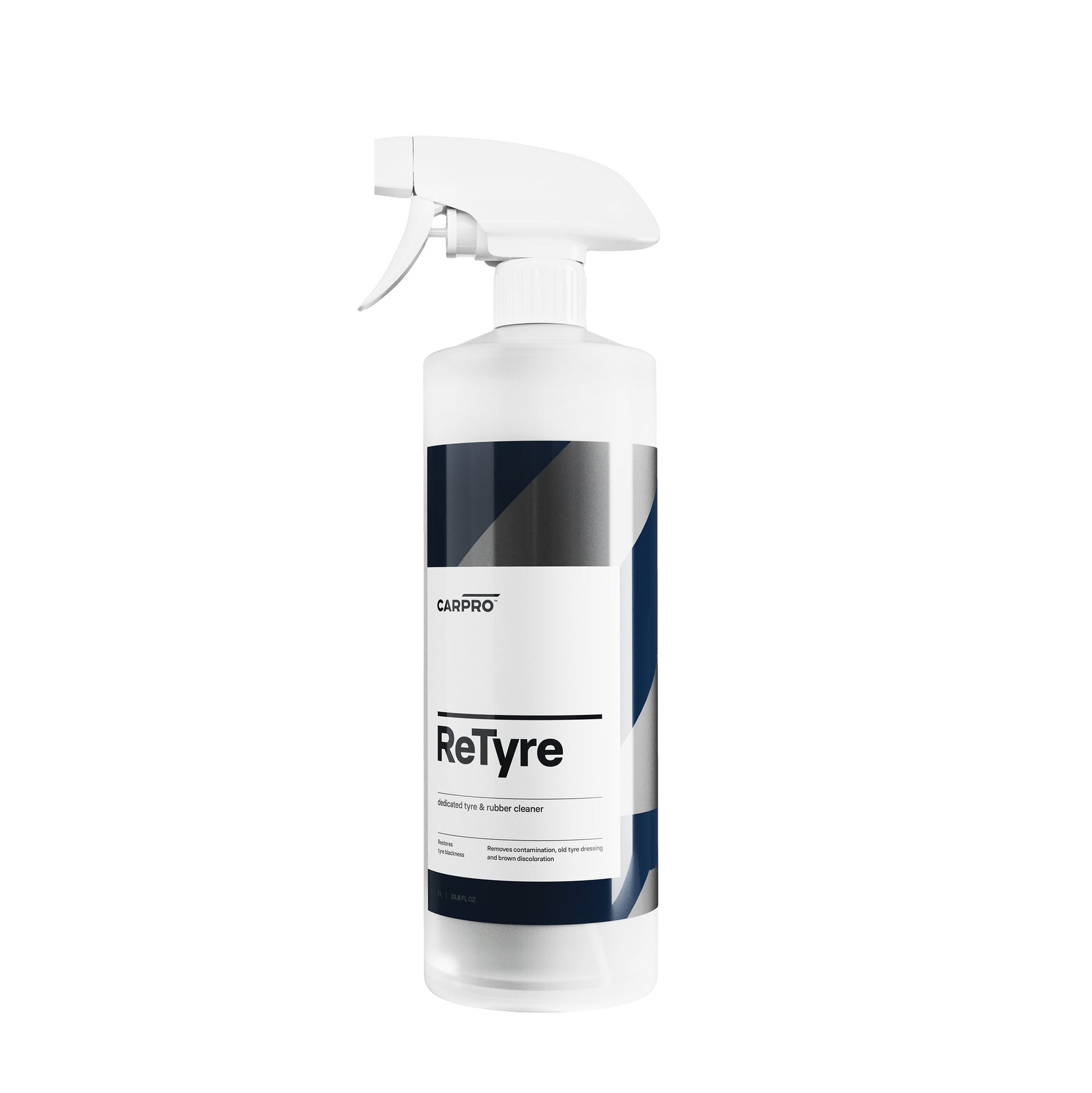 Bottiglia spray di CARPRO ReTyre pulitore per pneumatici e cerchi con etichetta bianca e blu, su sfondo bianco.