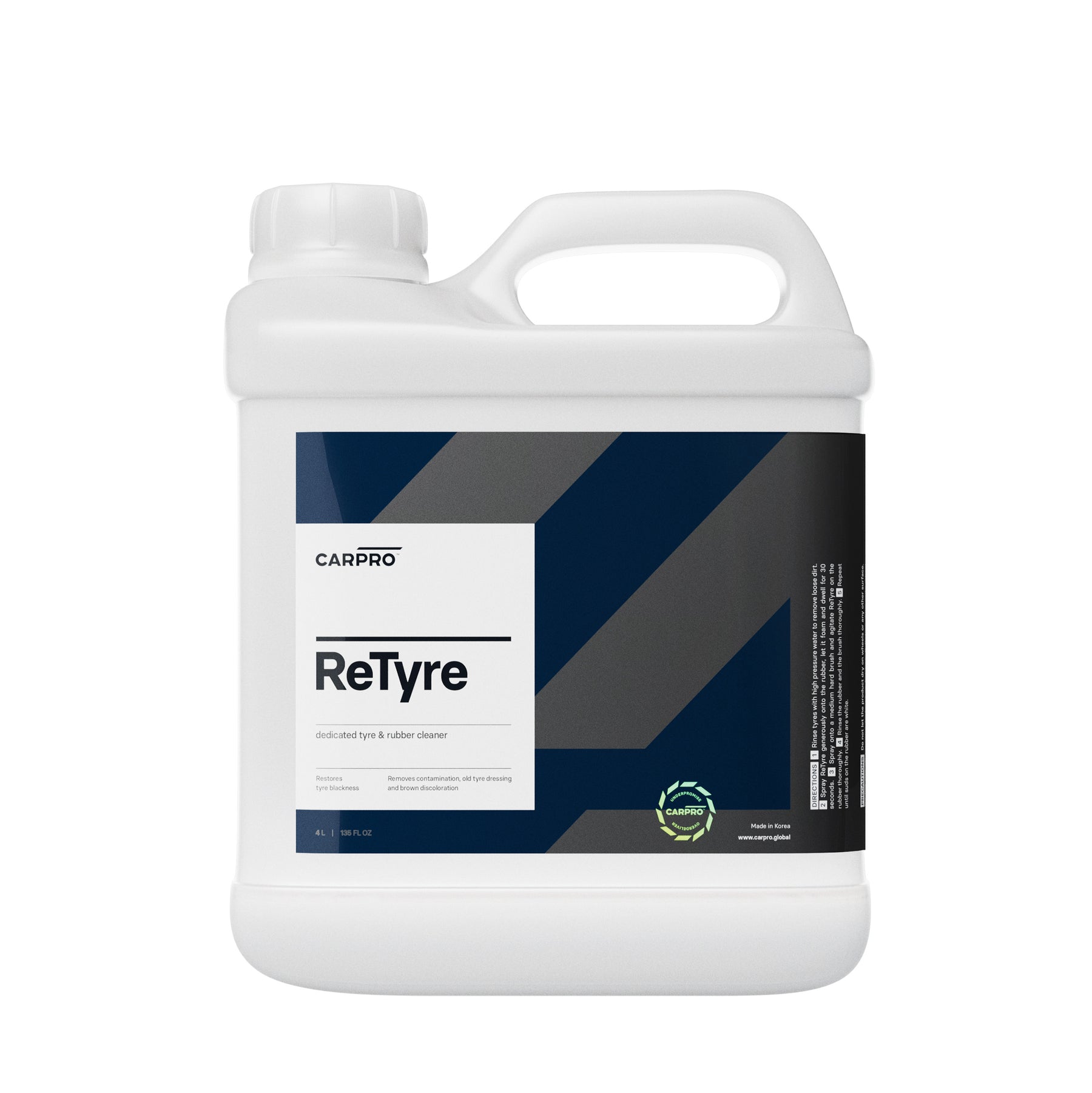 Tanica di CARPRO ReTyre pulitore per pneumatici con etichetta bianca e blu, su sfondo bianco.