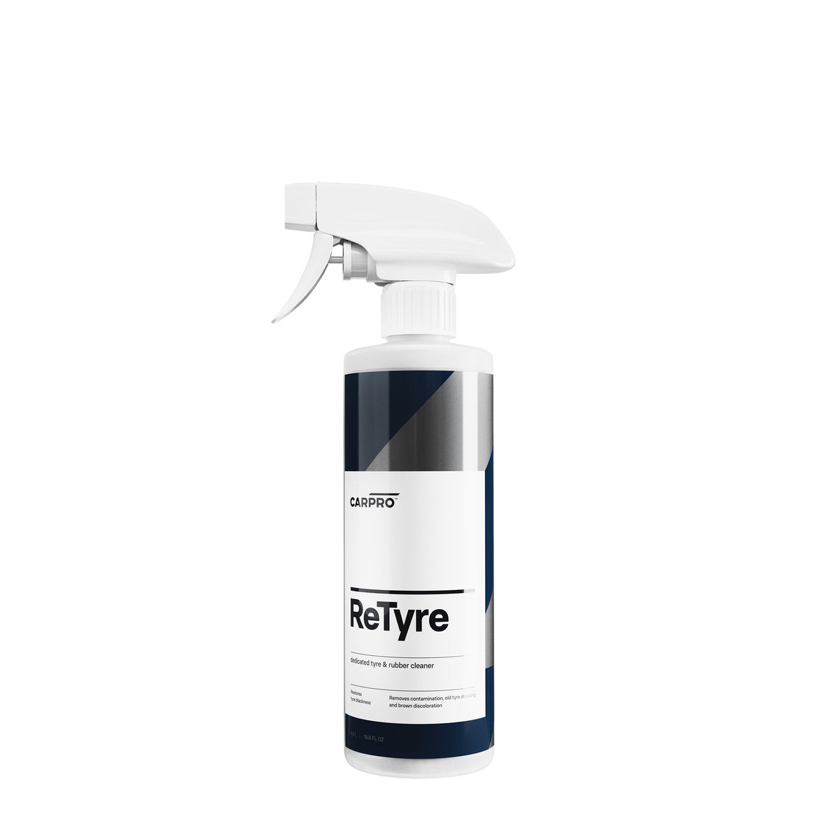 Flacone di CARPRO ReTyre con spruzzatore bianco, un detergente specifico per pneumatici e gomma, con etichetta bianca, nera e blu, progettato per rimuovere efficacemente sporco e contaminanti dalle superfici in gomma.