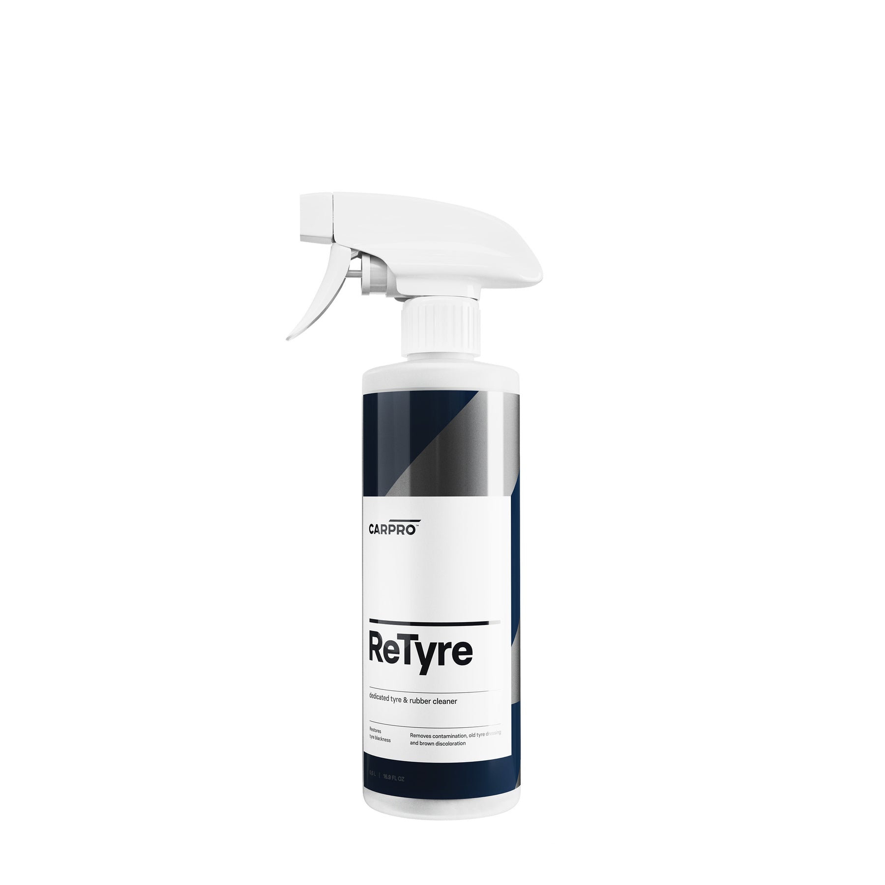 Flacone di CARPRO ReTyre con spruzzatore bianco, un detergente specifico per pneumatici e gomma, con etichetta bianca, nera e blu, progettato per rimuovere efficacemente sporco e contaminanti dalle superfici in gomma.