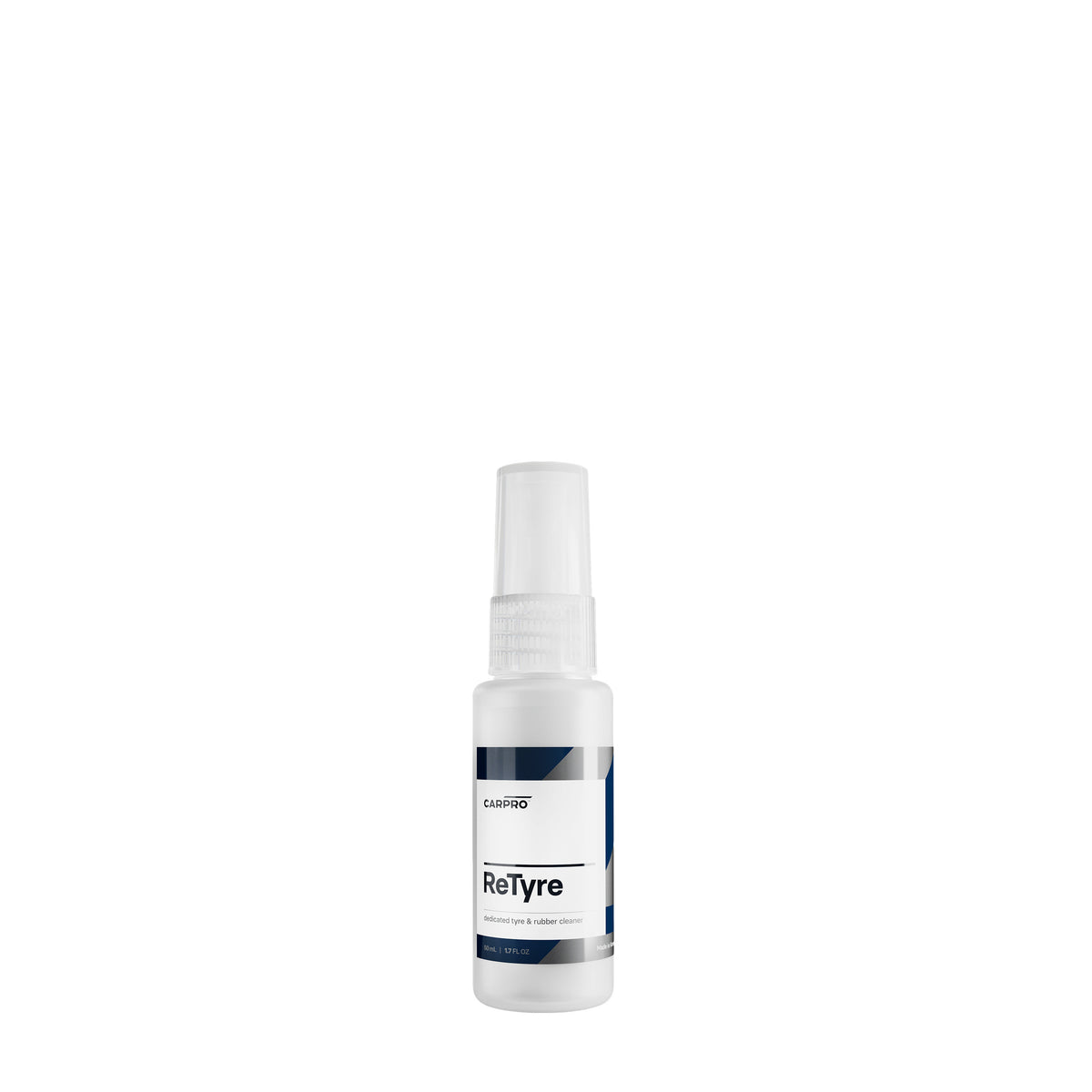 Bottiglia di CARPRO ReTyre pulitore per pneumatici con etichetta bianca e blu, su sfondo bianco.