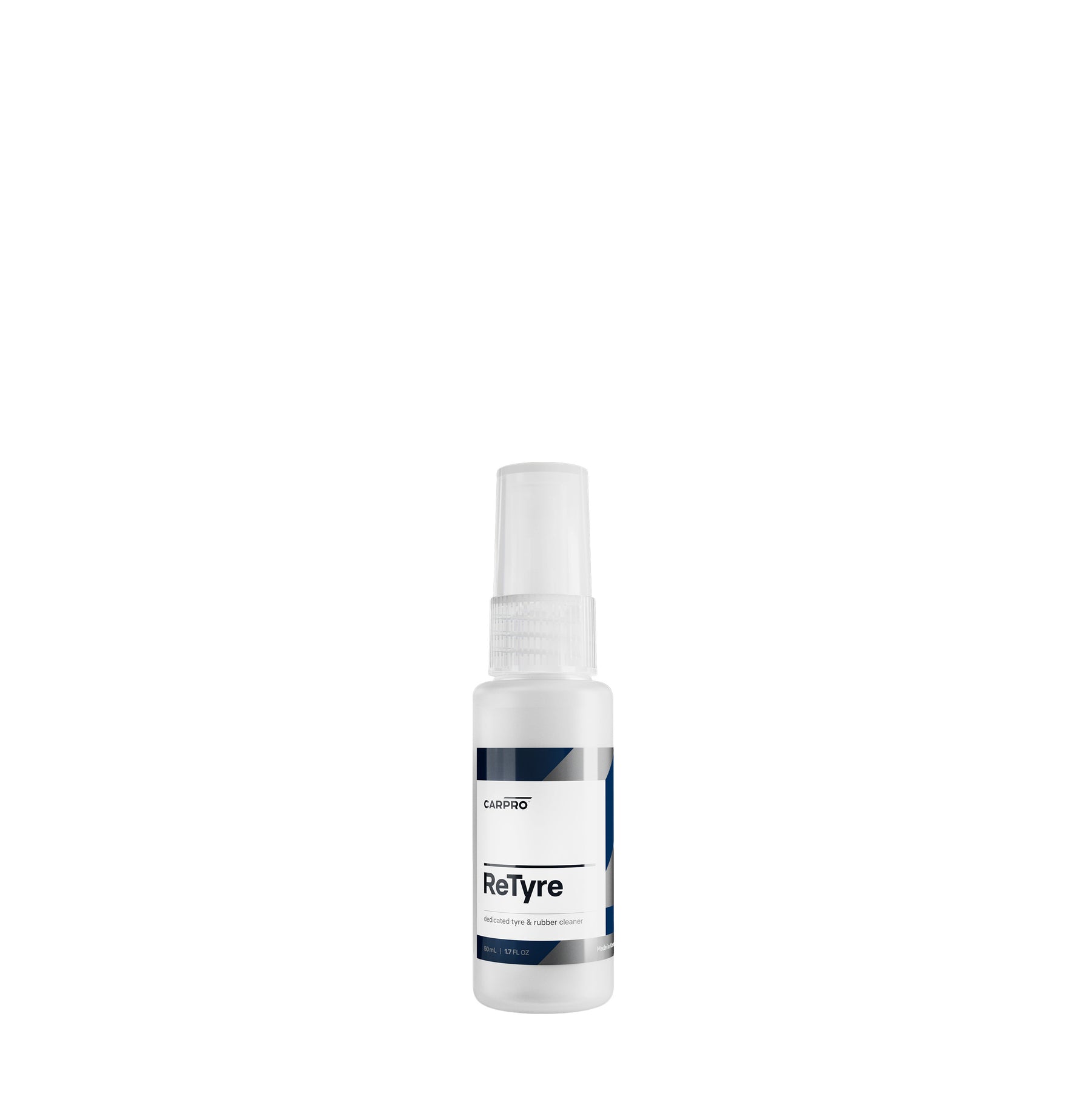 Bottiglia di CARPRO ReTyre pulitore per pneumatici con etichetta bianca e blu, su sfondo bianco.