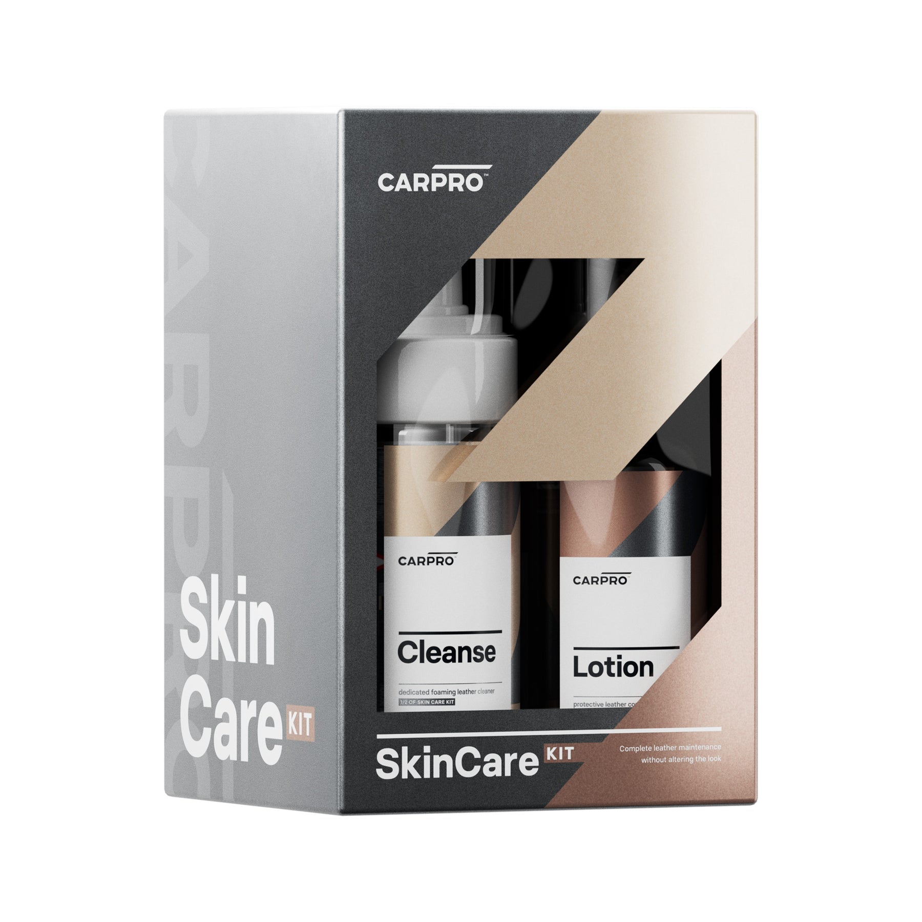 Kit di cura della pelle CARPRO SkinCare Kit con bottiglie di Cleanse e Lotion, confezionato in una scatola elegante, su sfondo bianco.