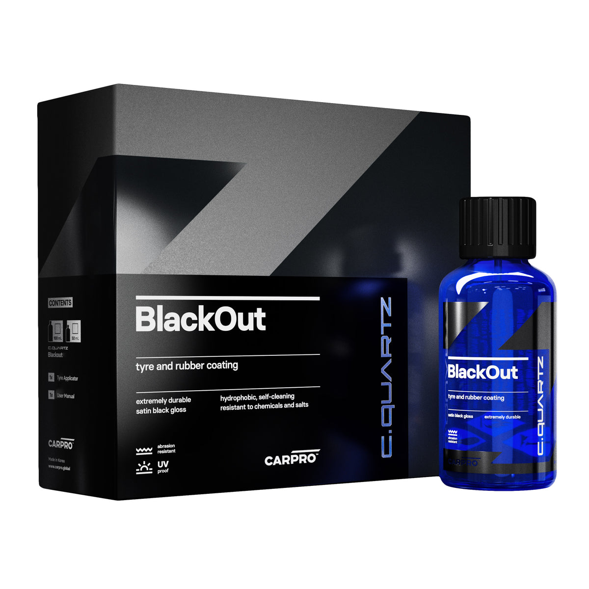 Flacone di CARPRO C.Quartz BlackOut, un rivestimento per pneumatici e gomma, progettato per proteggere e rinnovare le superfici in gomma del veicolo