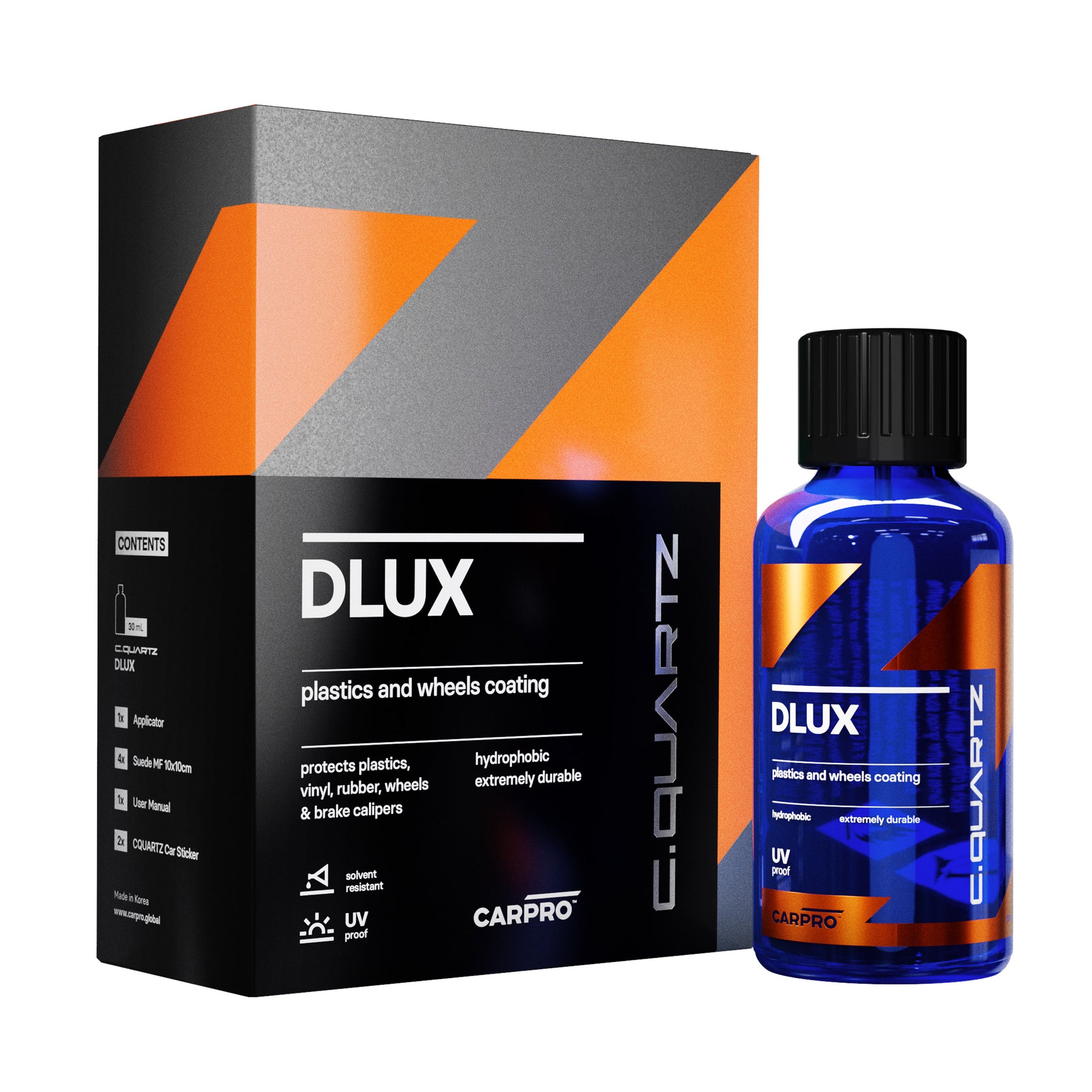 Flacone di CARPRO C.Quartz DLUX, un rivestimento per plastica e ruote, progettato per proteggere e rinnovare le superfici esterne del veicolo