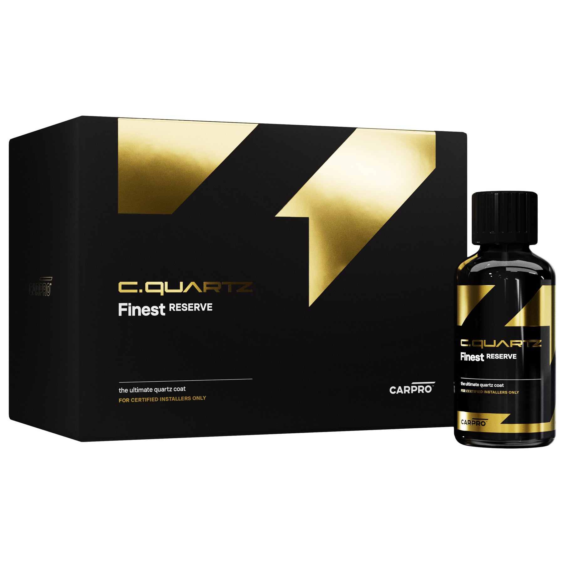 Flacone di CARPRO C.QUARTZ Finest Reserve, un rivestimento al quarzo di alta qualità per una protezione avanzata dell'auto, riservato a installatori certificati.