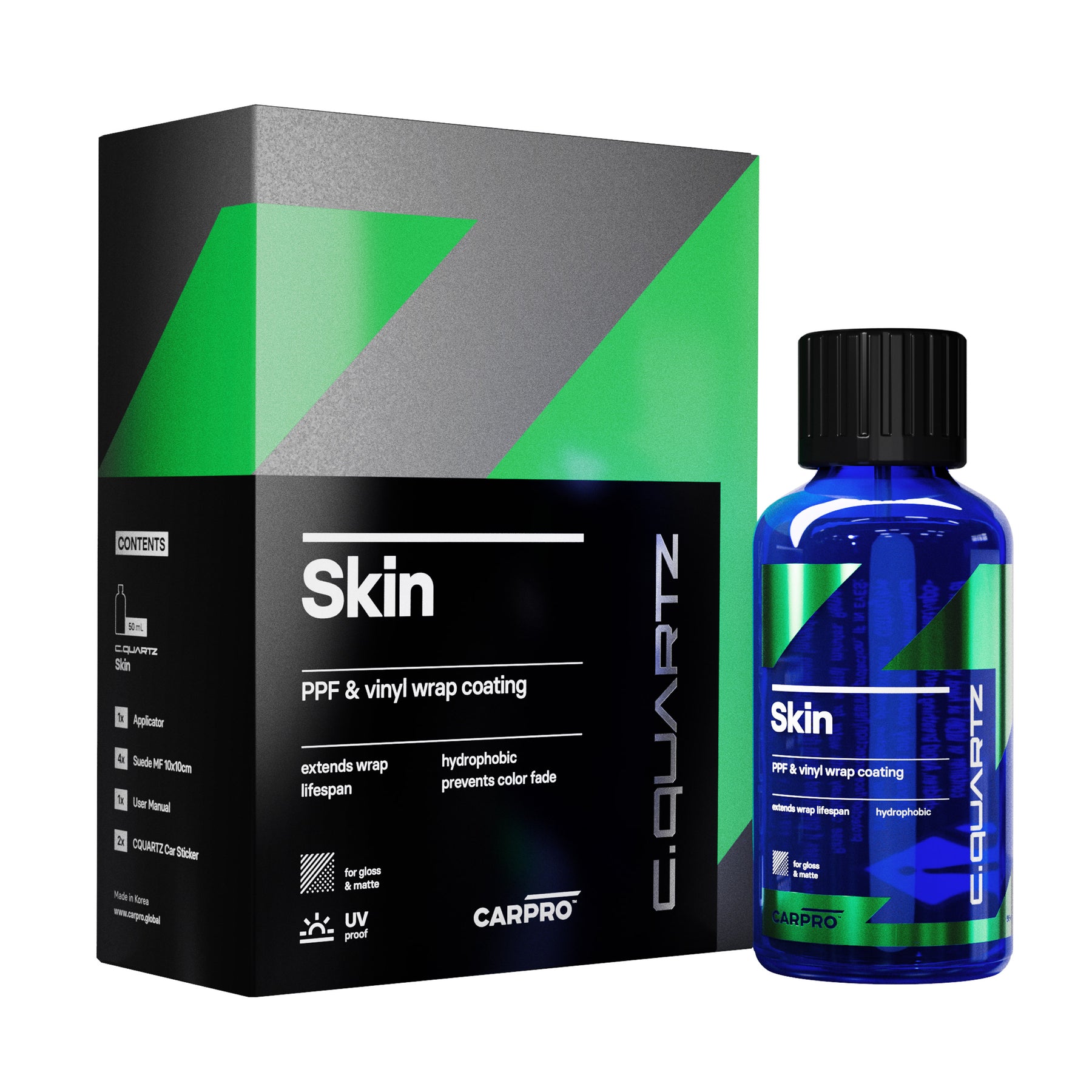 Flacone di CARPRO C.QUARTZ SKIN, un rivestimento ceramico avanzato progettato per proteggere PPF e wrapping vinilico, offrendo proprietà idrofobiche e una durata eccezionale.