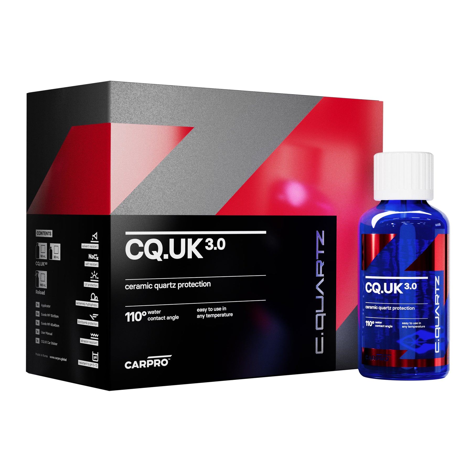 Flacone di CARPRO C.QUARTZ UK 3.0, un rivestimento ceramico avanzato con protezione al quarzo per una finitura idrofobica e duratura, facile da applicare a qualsiasi temperatura.