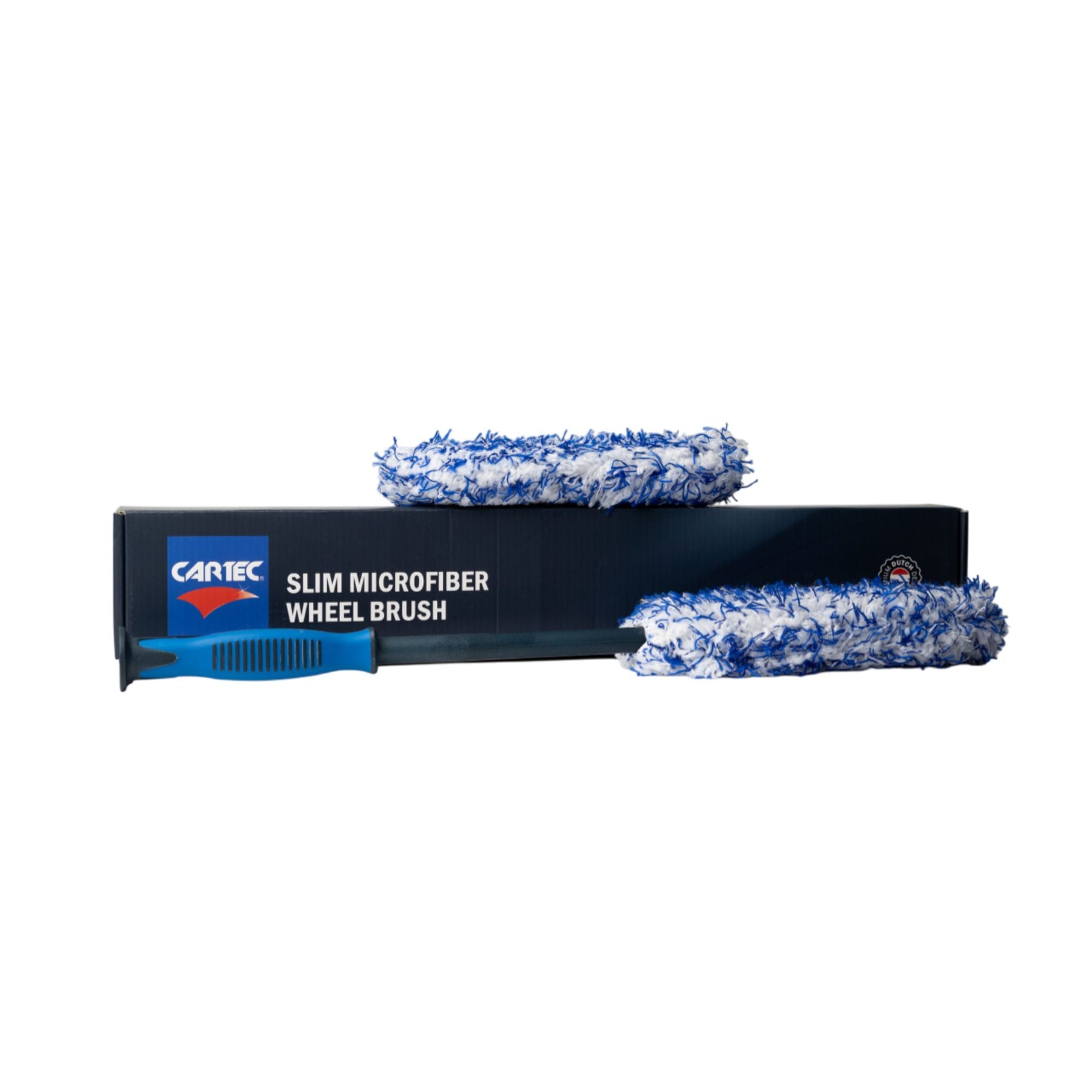 Testa in microfibra blu e bianca della Cartec Slim Wheel Brush per la pulizia dei cerchi auto