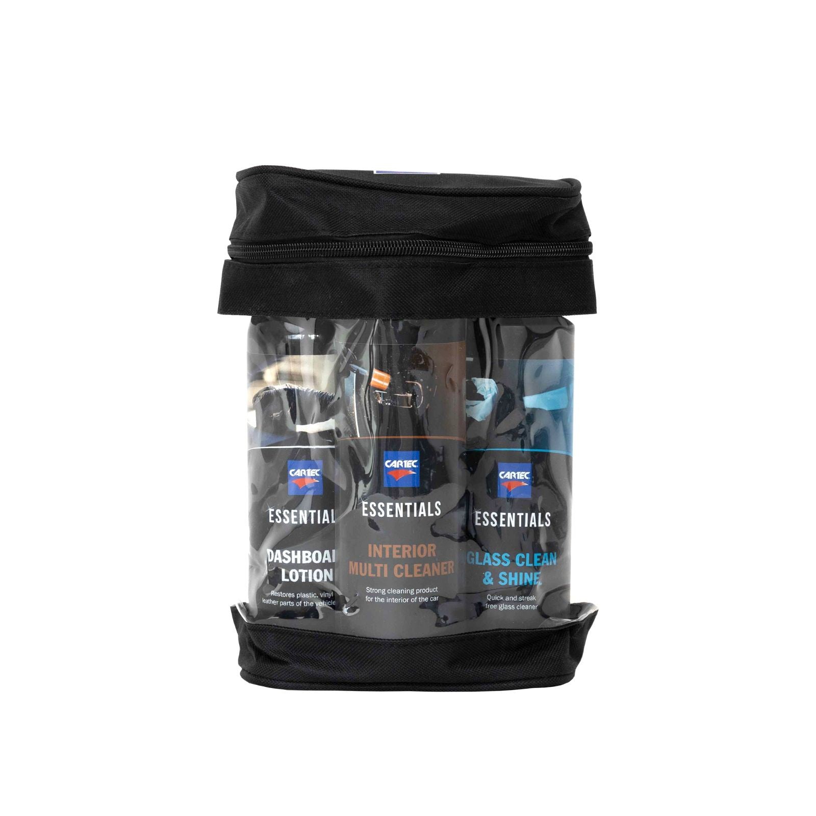 Cartec Essentials Kit Detailing Interni con vari prodotti per la pulizia e cura degli interni auto, esposti su sfondo bianco.