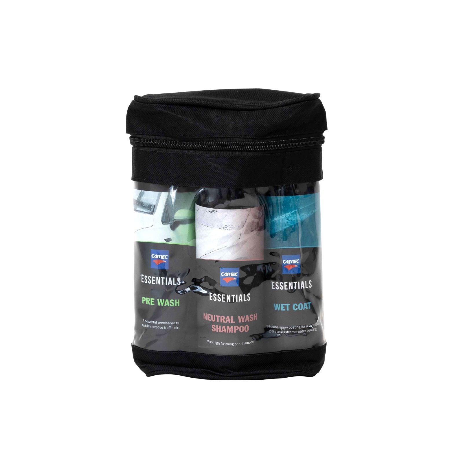 Cartec Essentials Kit Lavaggio Auto Wet Coat Basic Il Preparatore 2.0 con prodotti per il lavaggio auto, shampoo, cera spray e accessori su sfondo bianco.