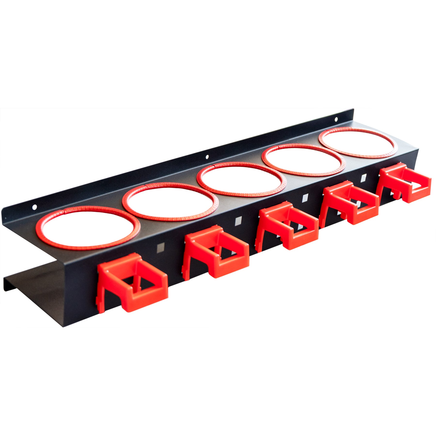 Porta flaconi nero con supporti rossi, contiene cinque flaconi spray..