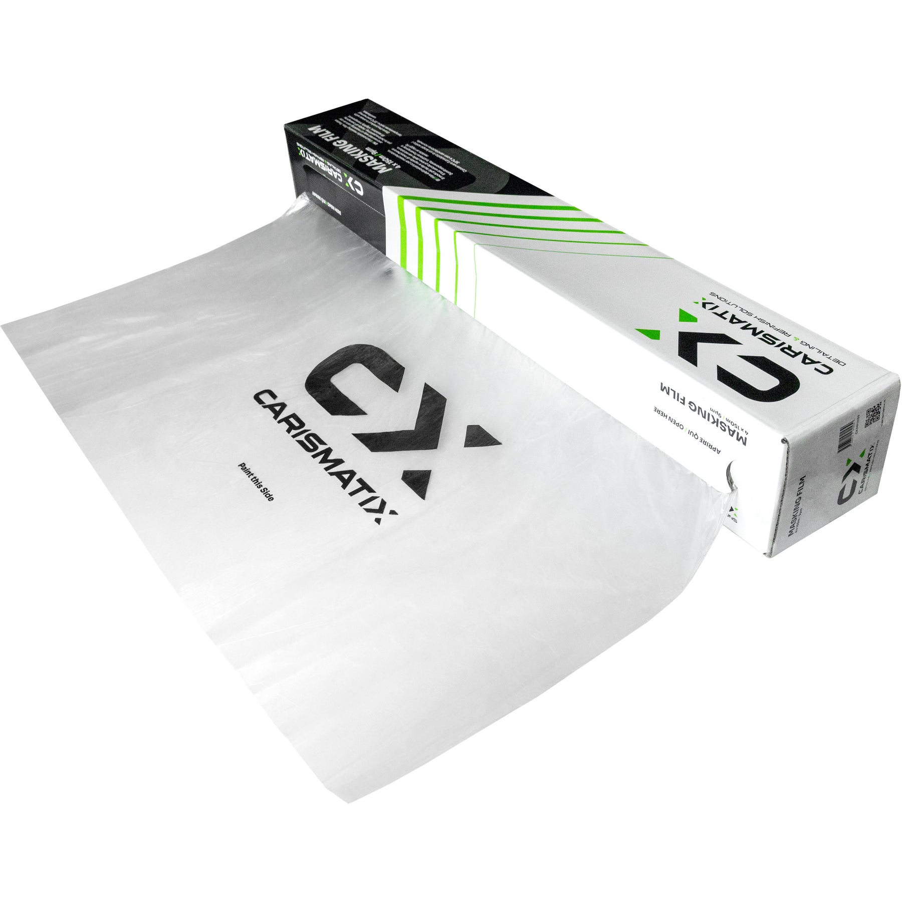 Film di mascheratura CARISMATIX Masking Film Premium HDPE in scatola con telo trasparente srotolato per protezione veicoli