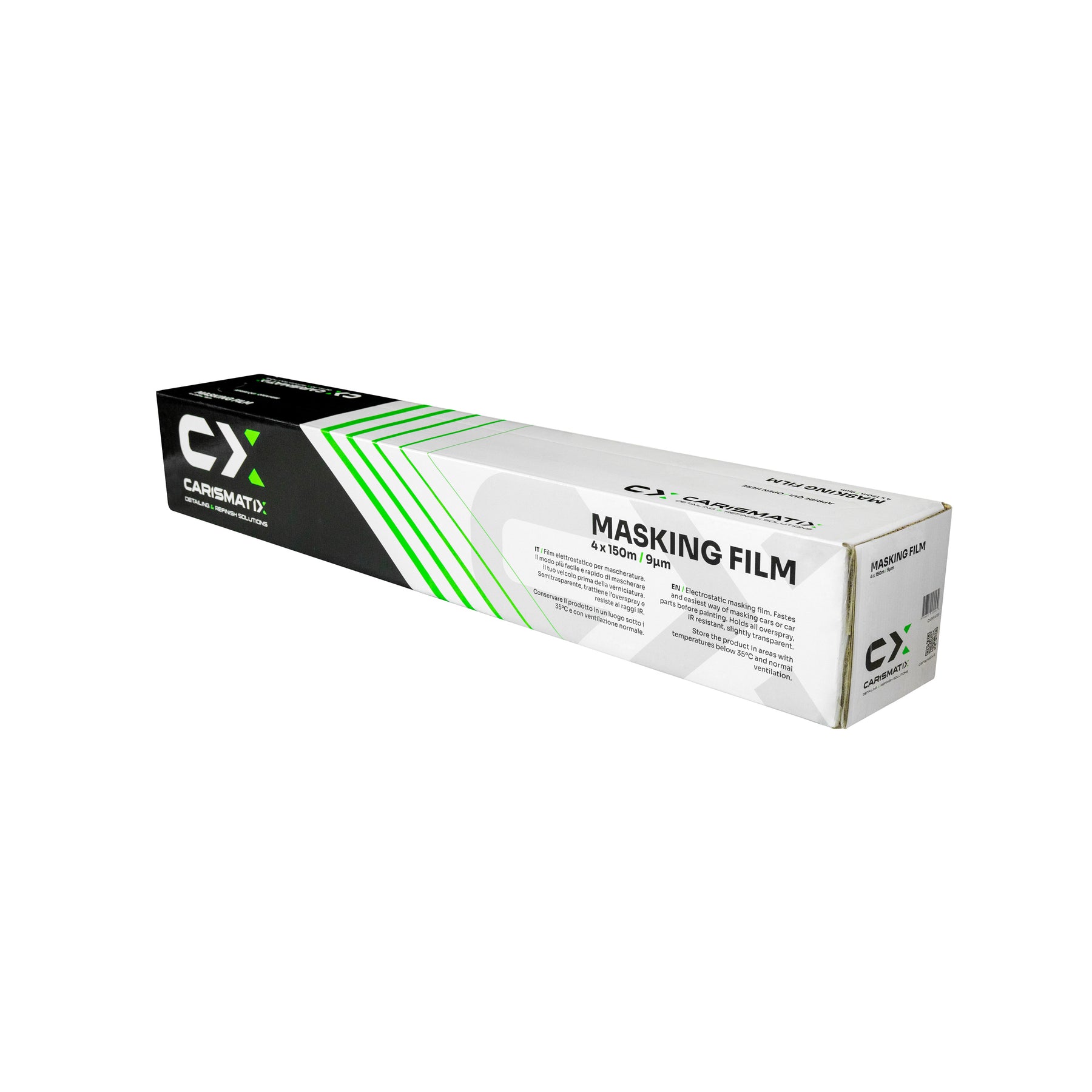 Confezione CARISMATIX Masking Film Premium 4x150m in scatola con grafica nera e verde per mascheratura professionale