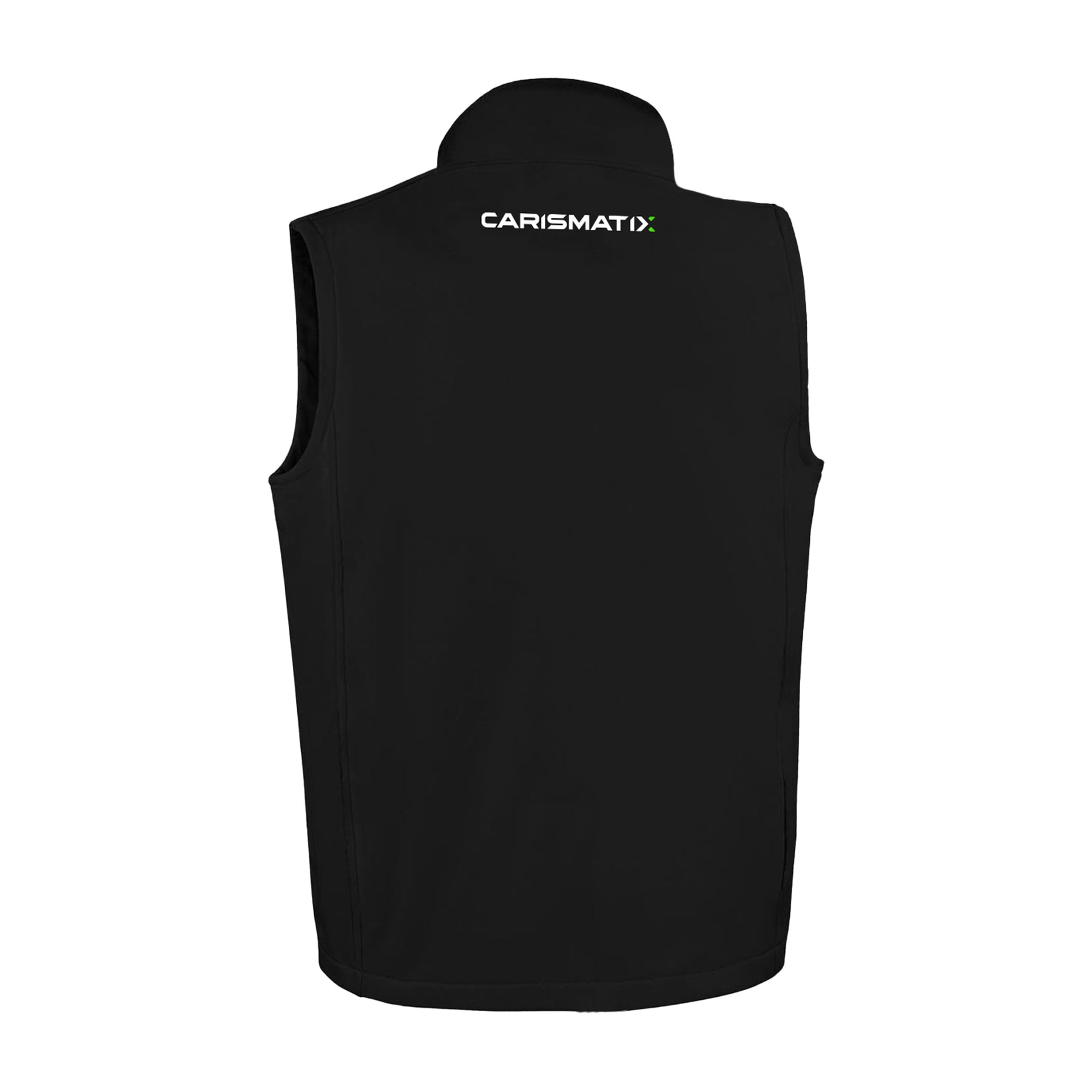 Retro del gilet nero Carismatix con logo bianco e verde posizionato sulla parte superiore, design minimalista e professionale.