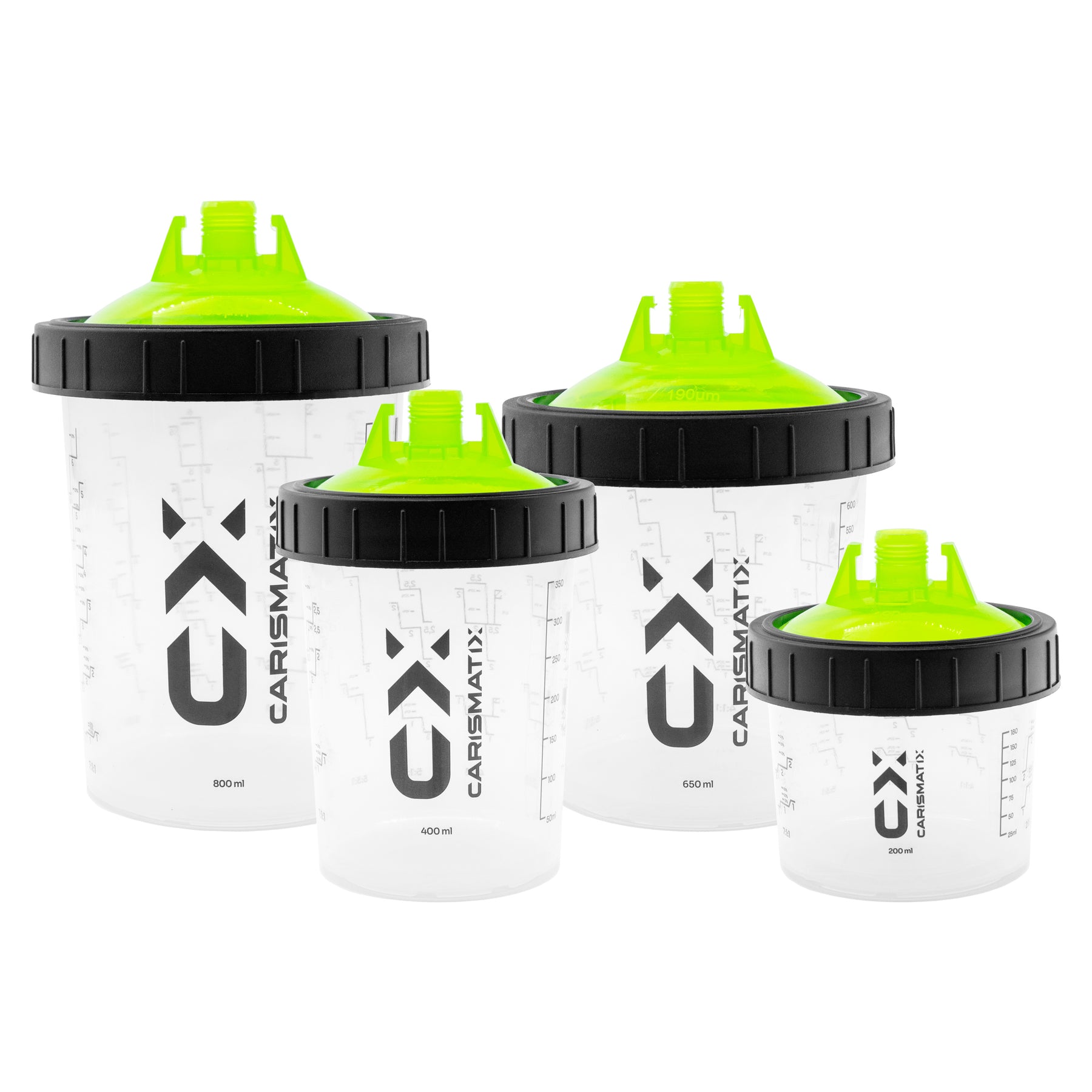 Set CARISMATIX Paint Spray Cup in 4 formati con coperchi verdi e tazze graduate per miscelazione vernici professionale