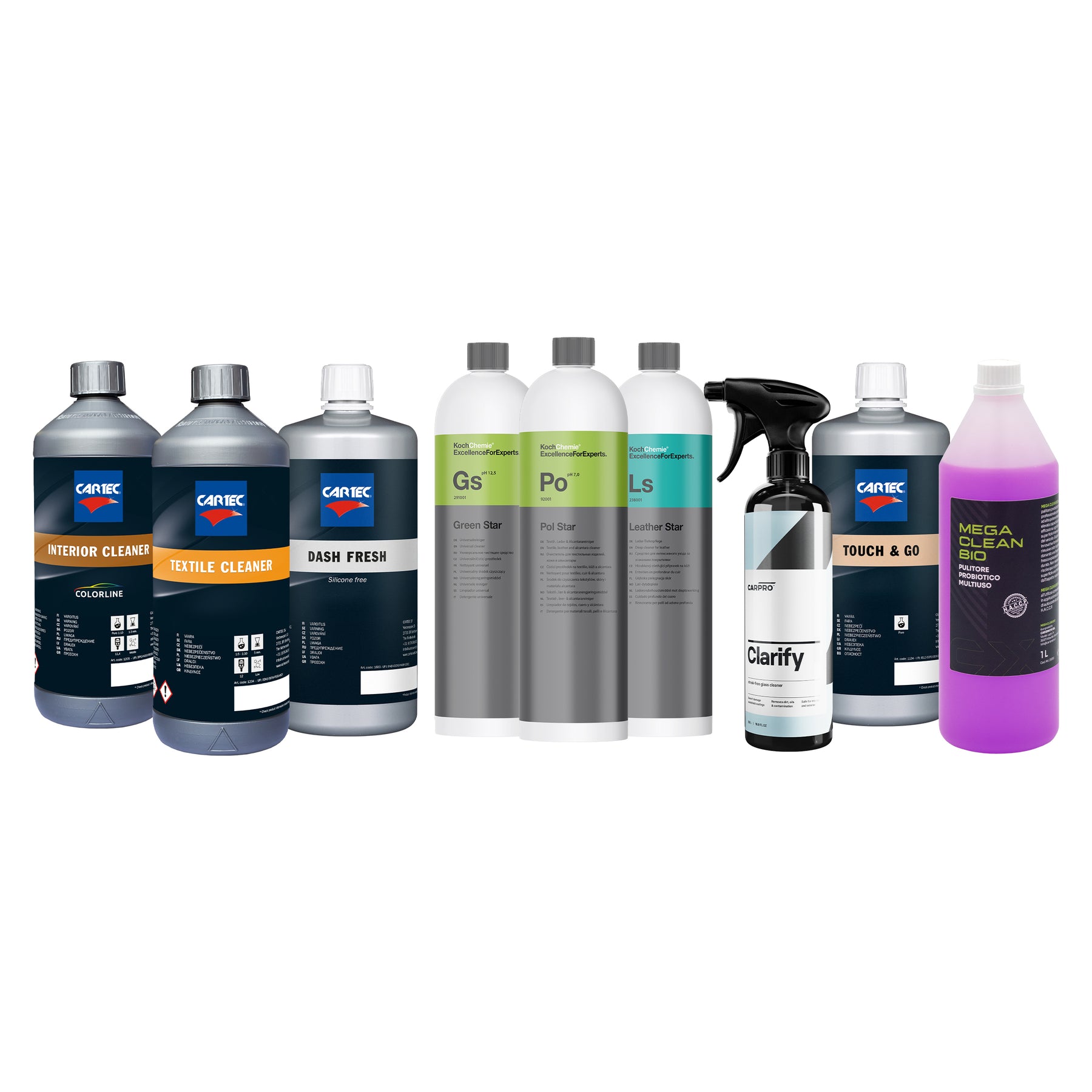 Immagine del CARISMATIX Kit Pulizia e Protezione Interni Pro con prodotti per la cura completa di plastiche, tessuti, pelle e vetri auto