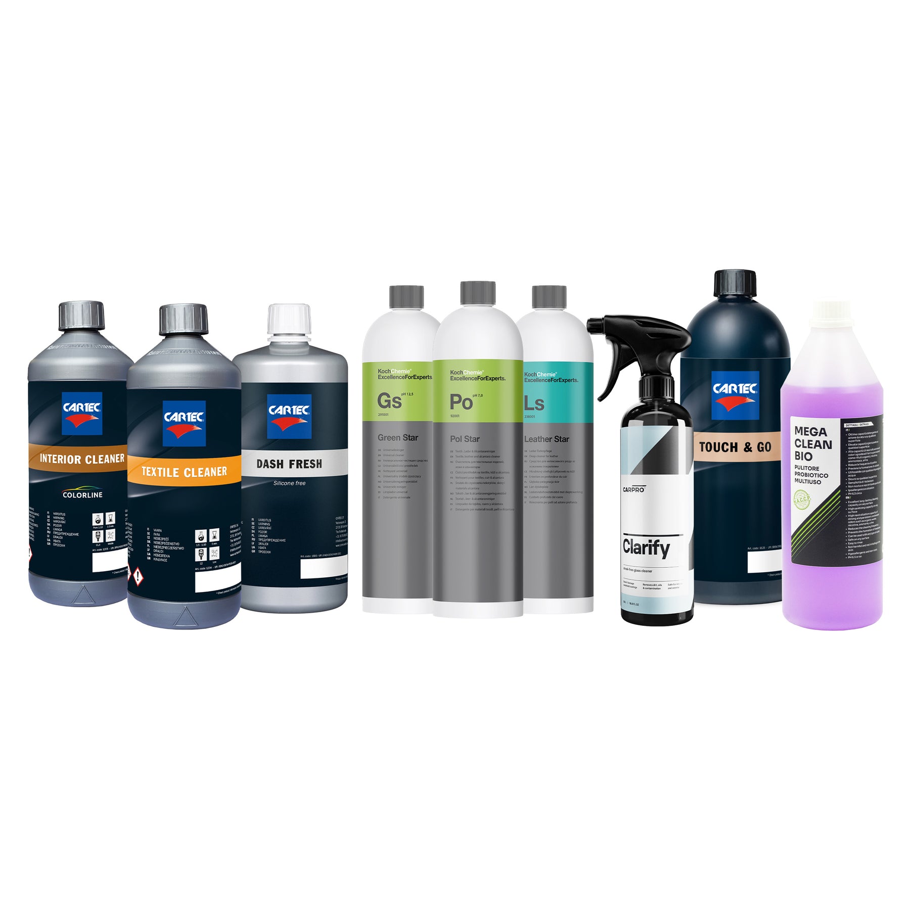 Immagine del CARISMATIX Kit Pulizia e Protezione Interni Pro con prodotti per la cura completa di plastiche, tessuti, pelle e vetri auto