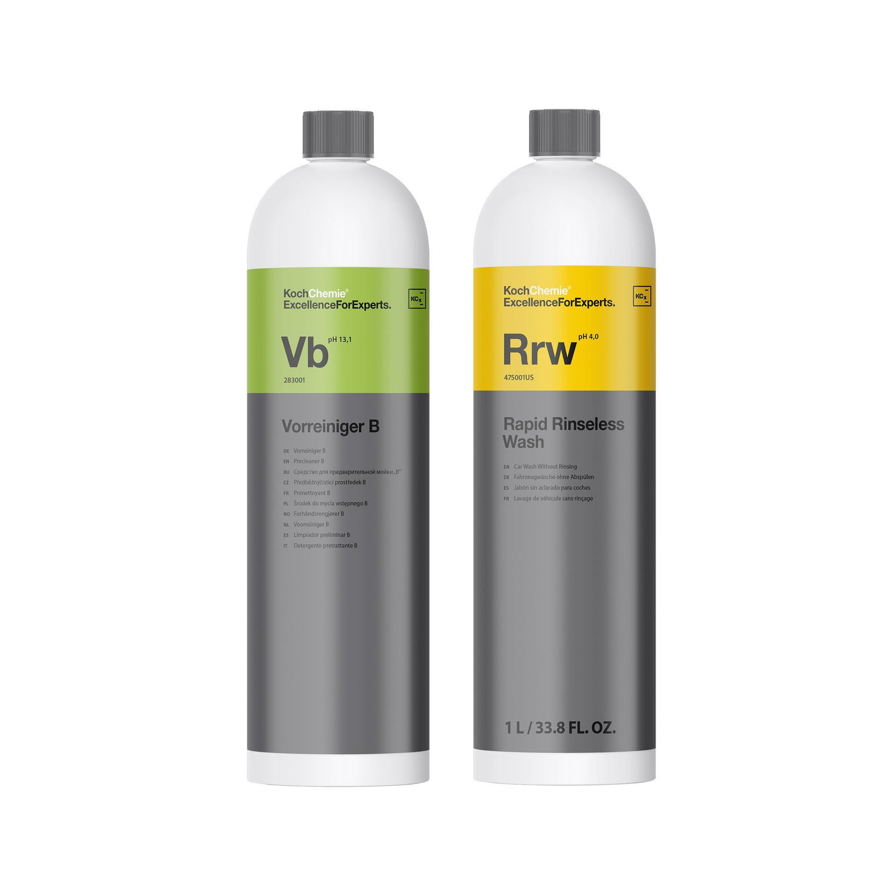 Bottiglie Koch-Chemie Vorreiniger B e Rapid Rinseless Wash 1L per prelavaggio schiumogeno e pulizia auto senz'acqua