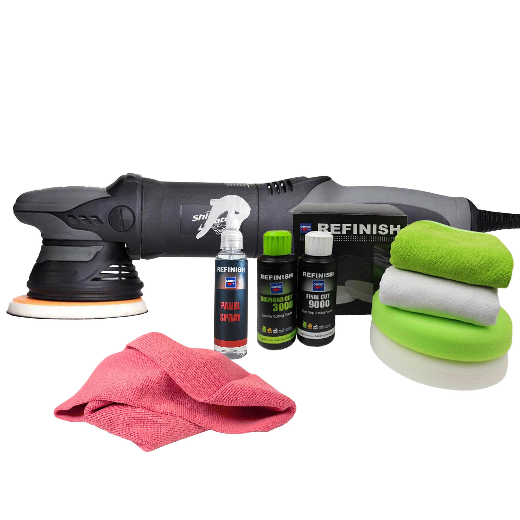 Kit lucidatura auto Cartec con lucidatrice rotorbitale, tamponi, spray Panel, Diamond Cut, Final Cut e panni in microfibra.