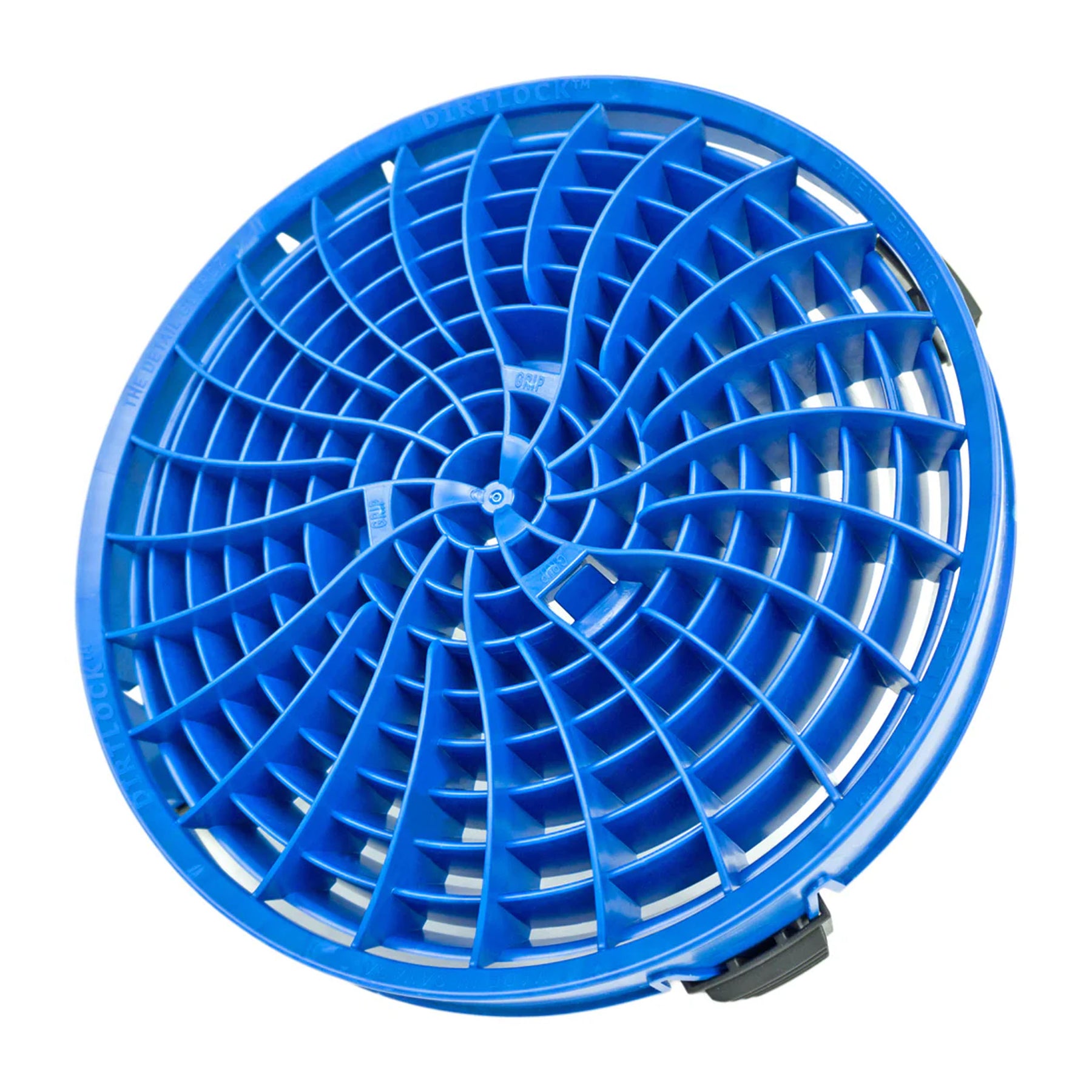 Griglia Dirt Lock blu con design a spirale, ideale per mantenere l'acqua pulita e proteggere la carrozzeria dai graffi durante il lavaggio dell'auto.