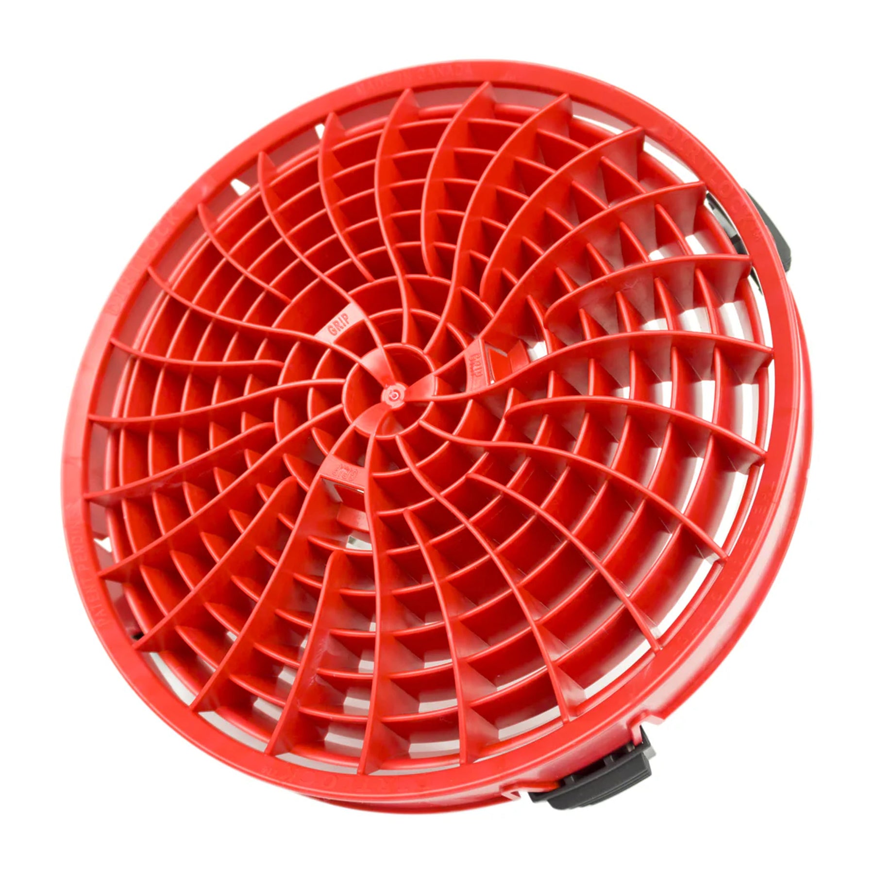 Griglia Dirt Lock rossa con design a spirale, ideale per mantenere l'acqua pulita e proteggere la carrozzeria dai graffi durante il lavaggio dell'auto.