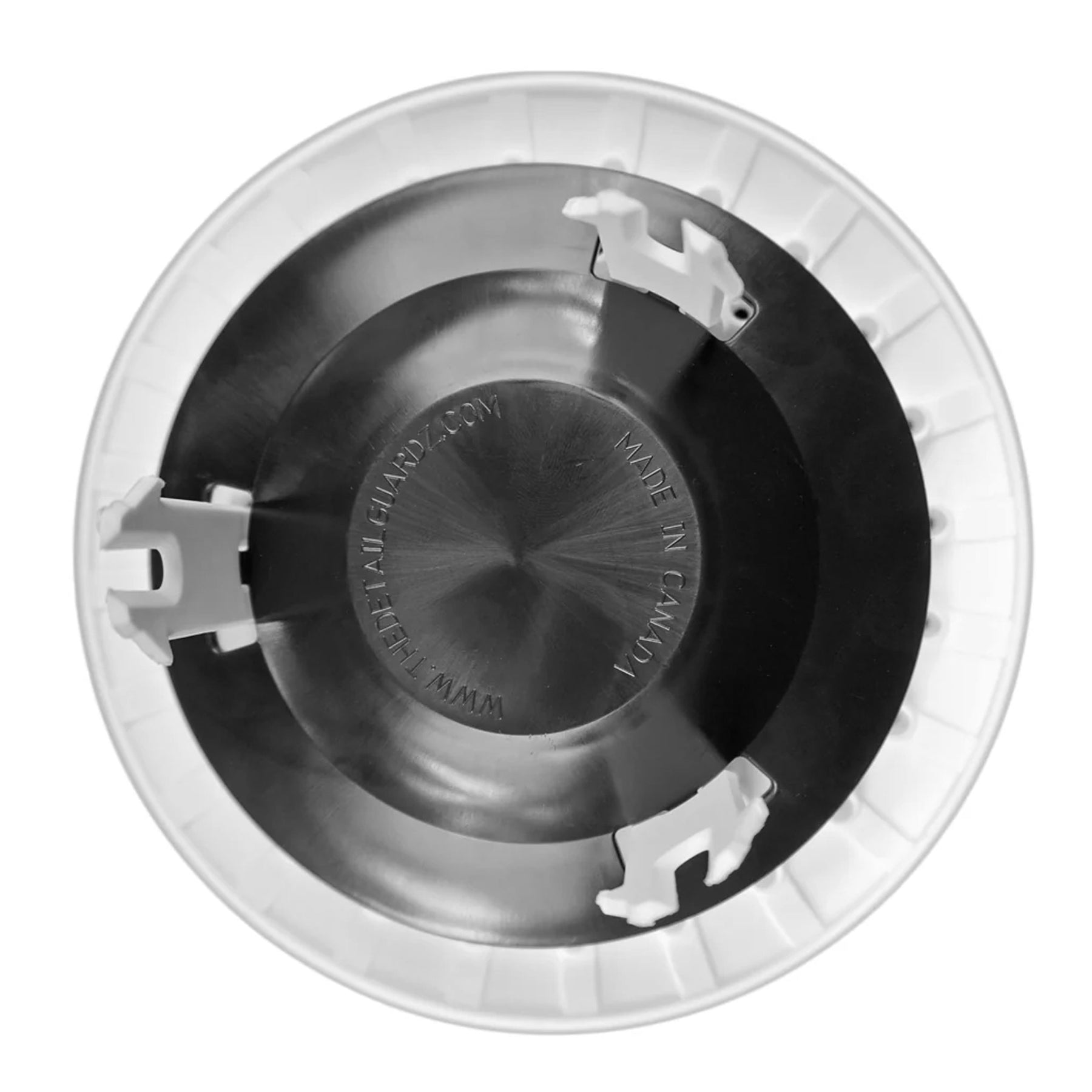 Vista inferiore del sistema Scrub and Pump Detail Guardz, con agganci in plastica bianca e base nera, progettato per una pulizia efficace degli strumenti.