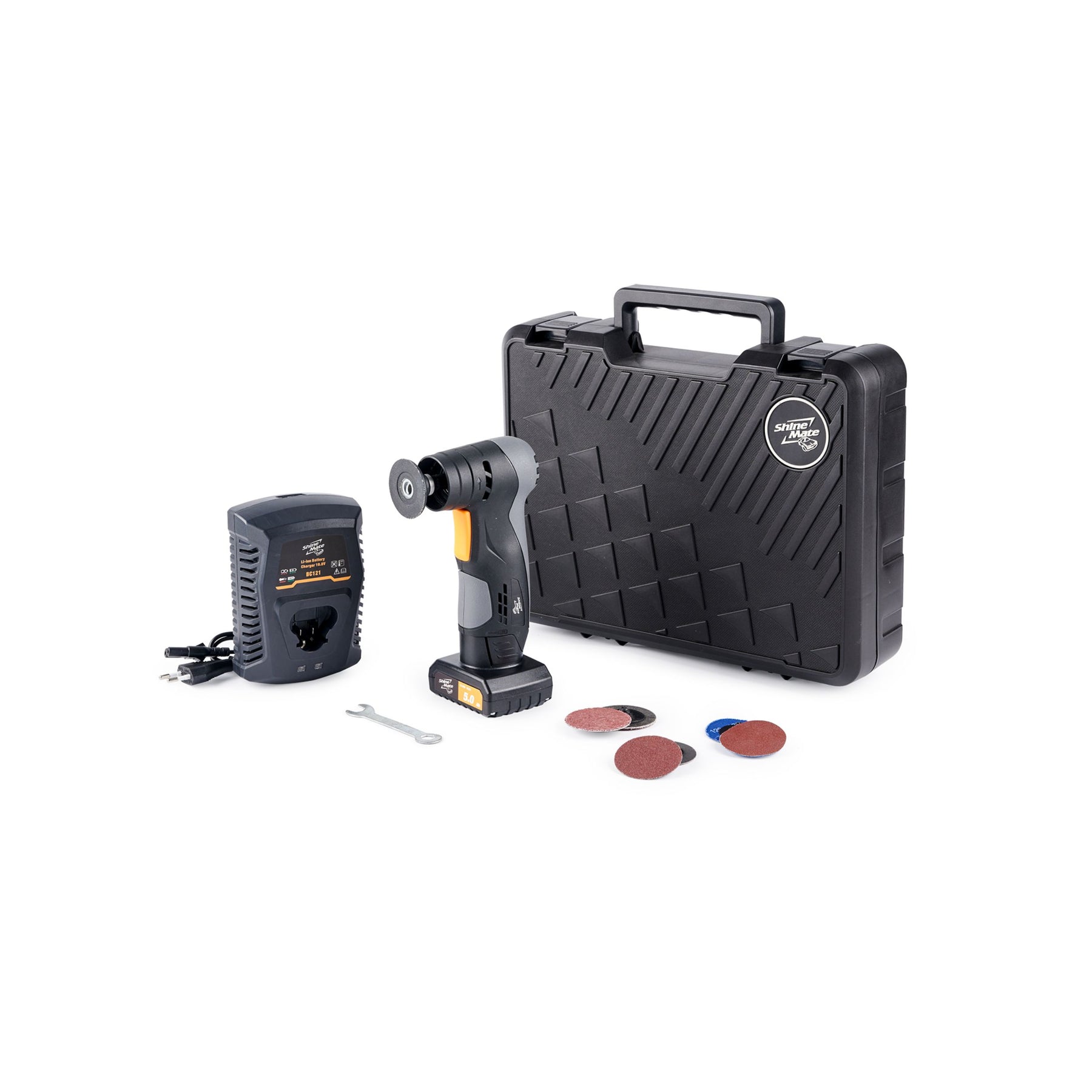 Kit levigatrice ShineMate EB202A cordless con valigetta, caricabatterie, dischi abrasivi e chiave di servizio
