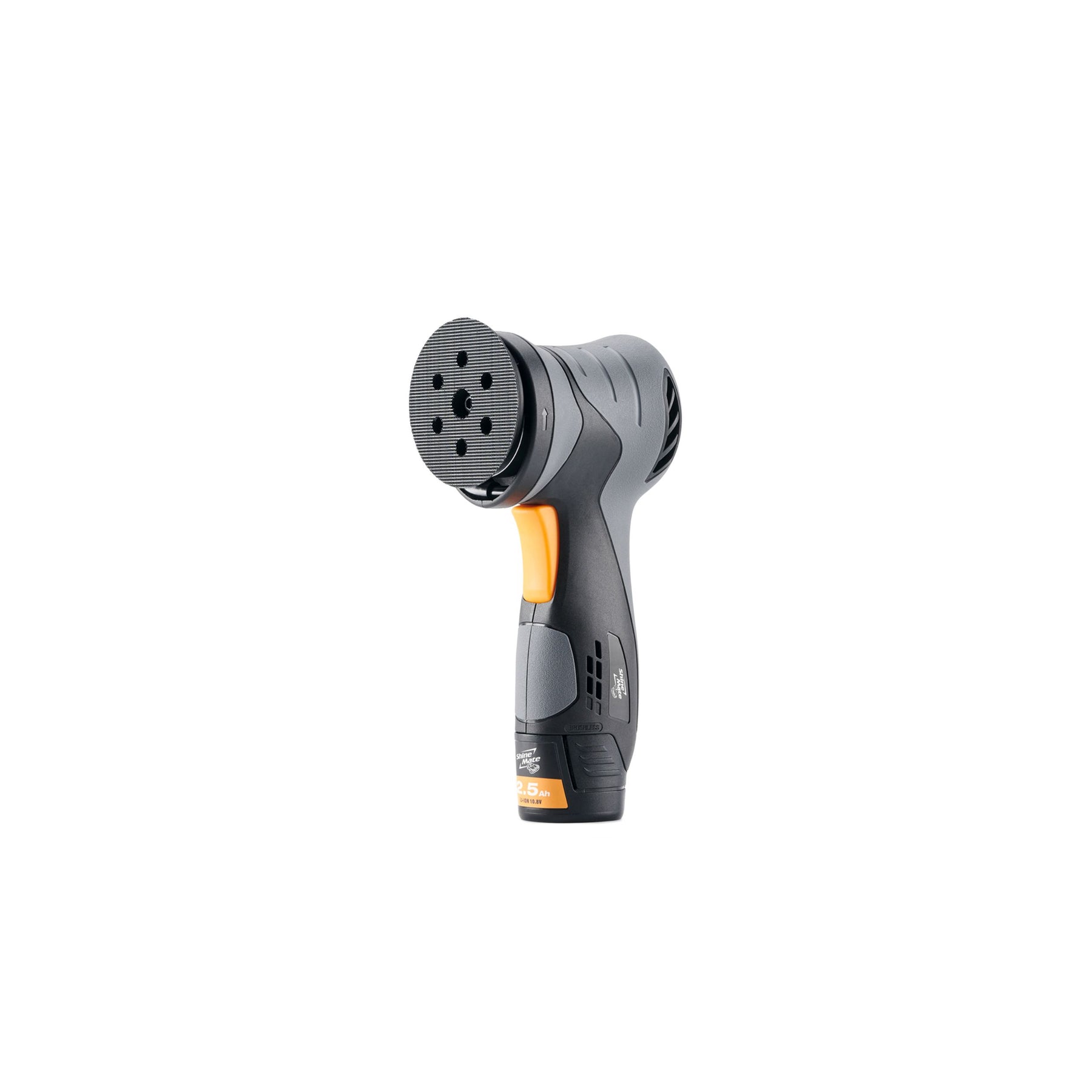 Vista frontale della lucidatrice ShineMate EB212 cordless con impugnatura ergonomica e platorello in velcro