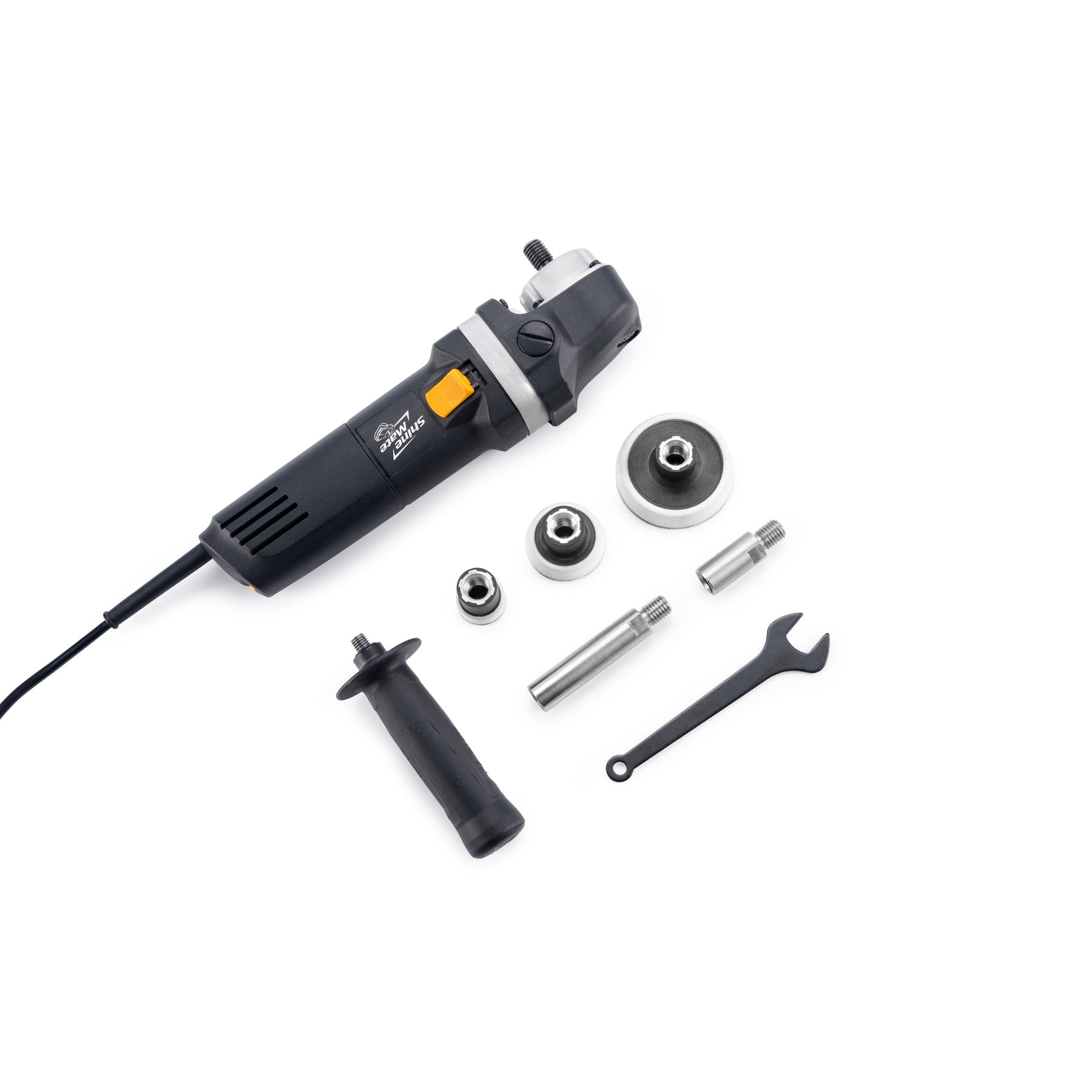 Kit lucidatrice ShineMate EP803 con accessori: platorelli, adattatori, impugnatura laterale e chiave di servizio