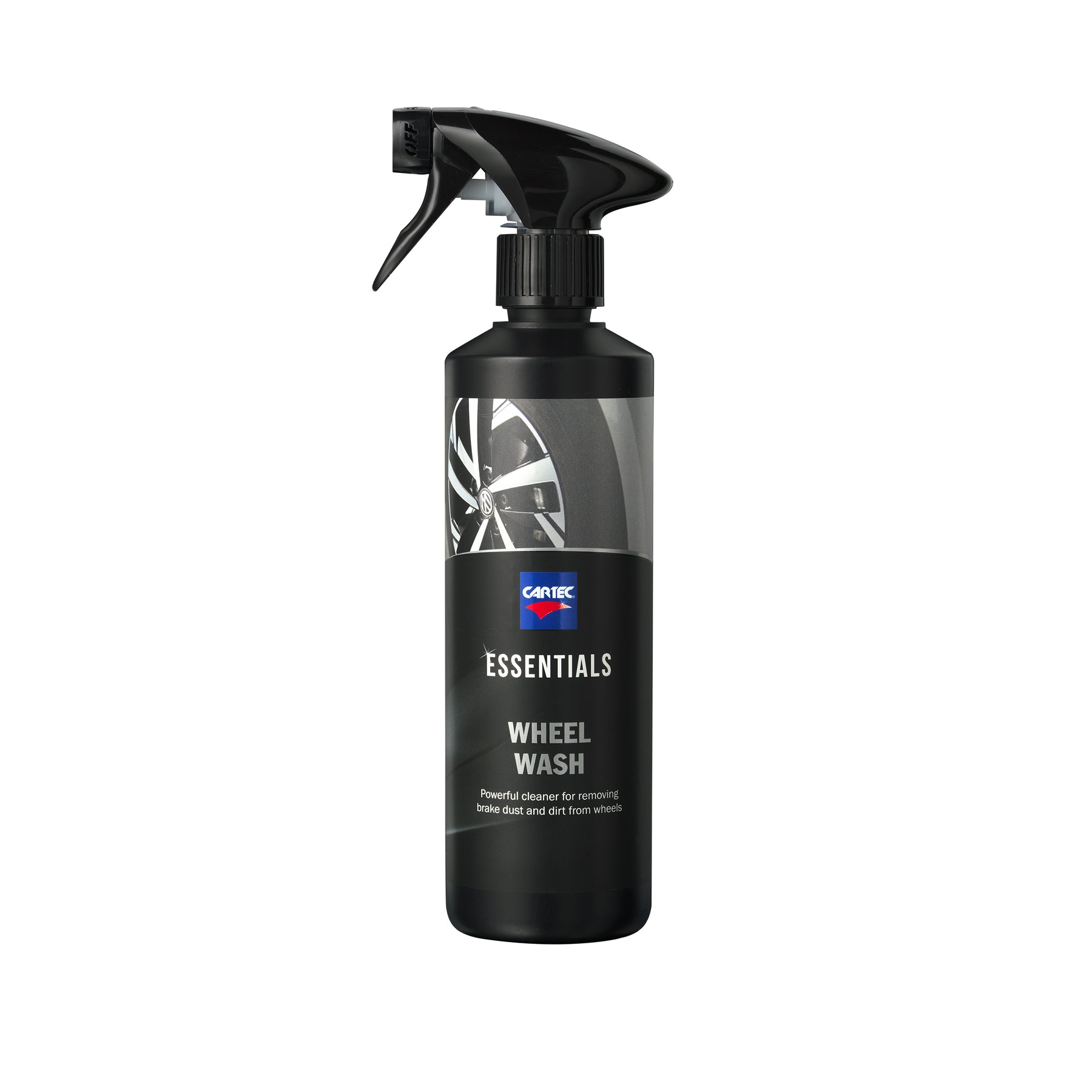 Flacone di CARTEC Wheel Wash con spruzzino nero, detergente potente per rimuovere sporco e polvere dai cerchi del veicolo.
