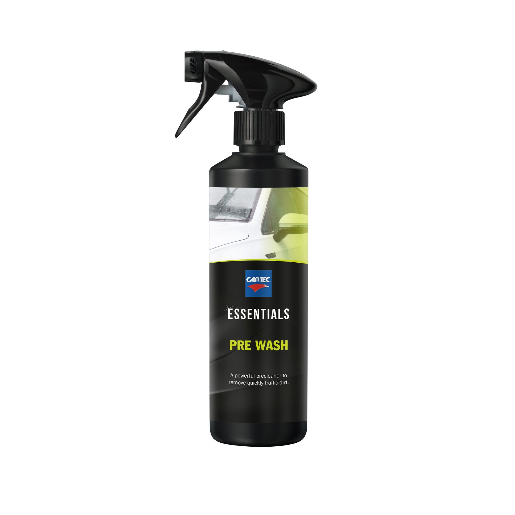 Flacone di CARTEC Pre Wash con spruzzino nero, detergente prelavaggio efficace per rimuovere lo sporco ostinato dai veicoli.