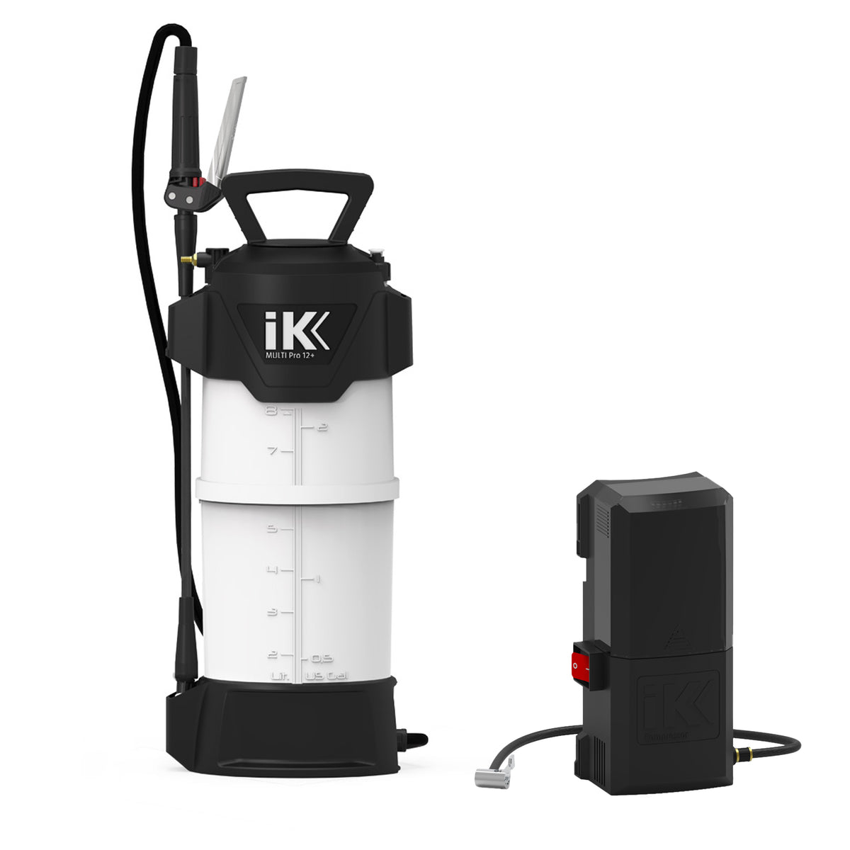 Kit nebulizzatore IK Multi Pro 12 con compressore a batteria, perfetto per applicazioni di detailing professionale.