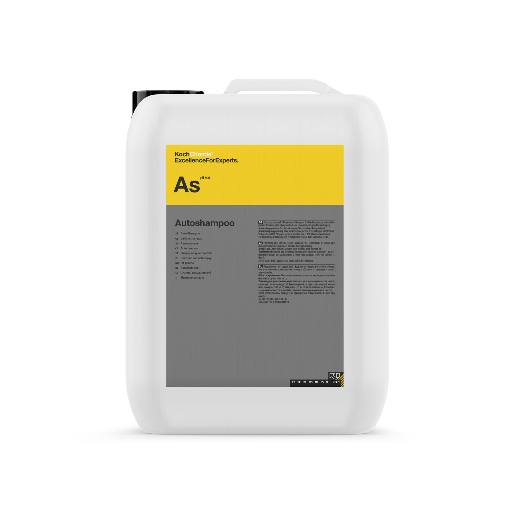 Tanica Koch-Chemie Autoshampoo 10L, detergente auto concentrato e senza fosfati per una pulizia sicura e professionale di veicoli.