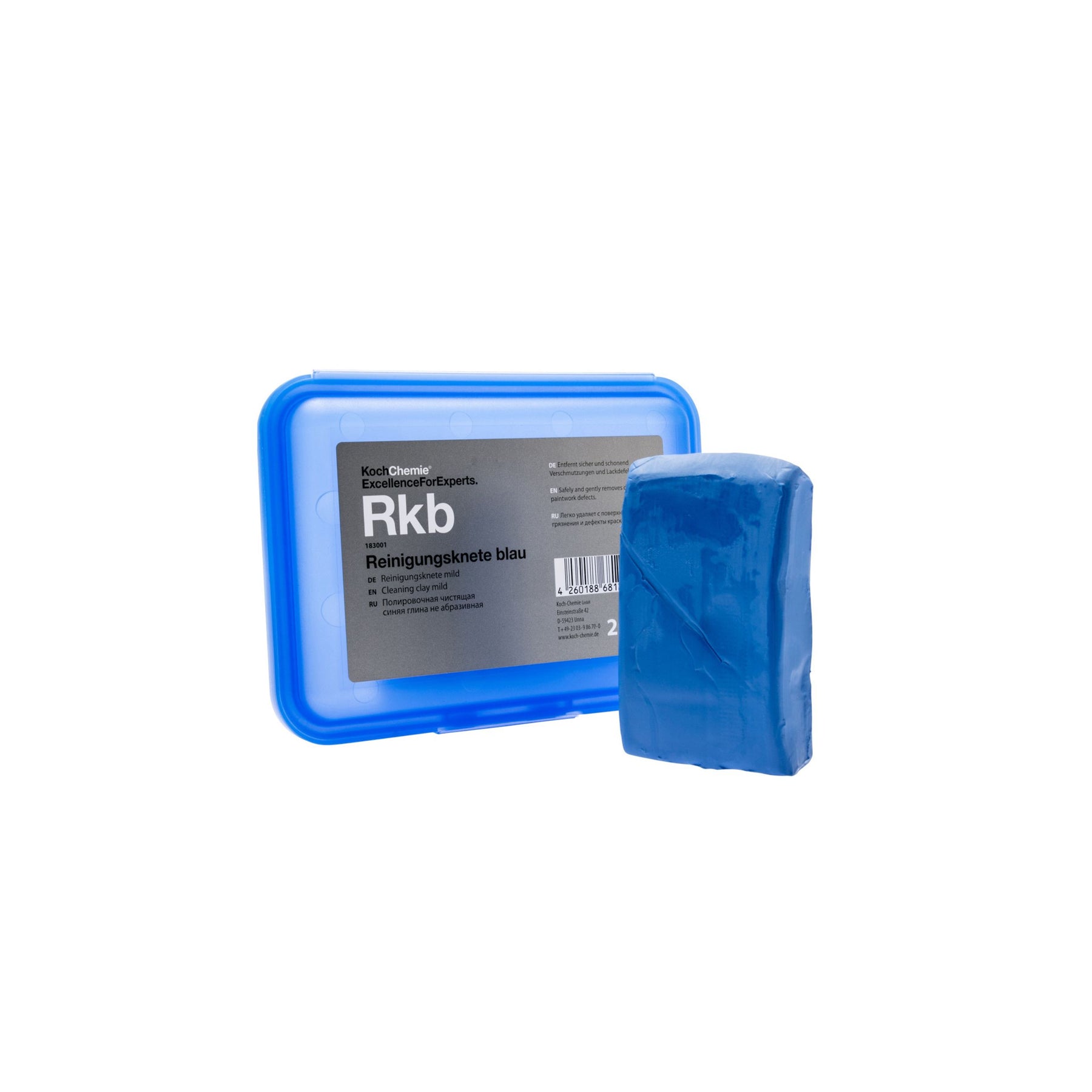 Clay bar Koch-Chemie RKB Reinigungsknete Blau con custodia per rimozione resina, ruggine e contaminazioni da vetro e vernice auto