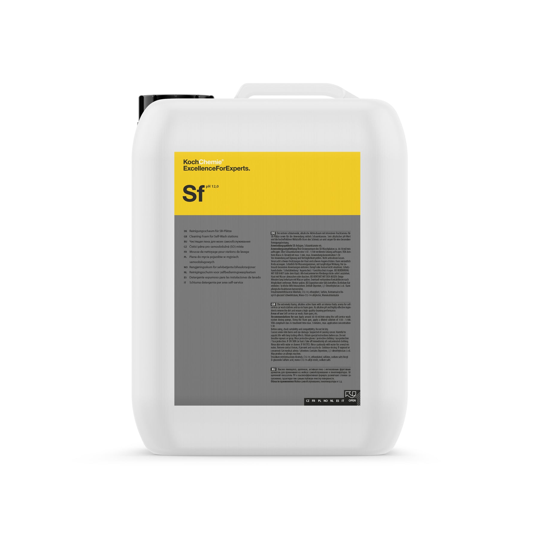 Tanica Koch Chemie SF Super Foam da 10 litri con etichetta gialla e grigia per lavaggi auto con schiuma attiva alcalina