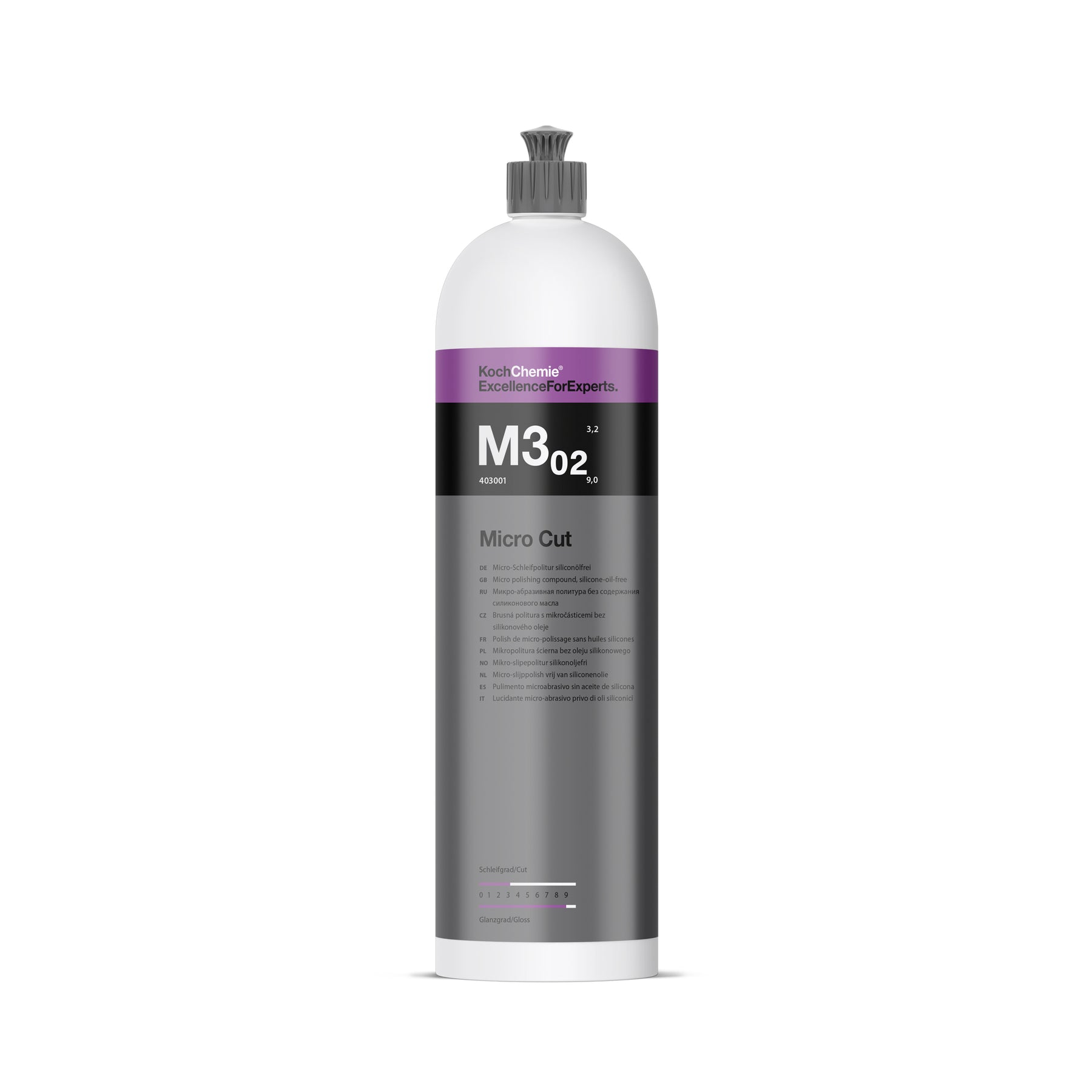 flacone Koch-Chemie Micro Cut M3.02 polish anti-ologrammi alta brillantezza per vernici scure con finitura gloss profondo